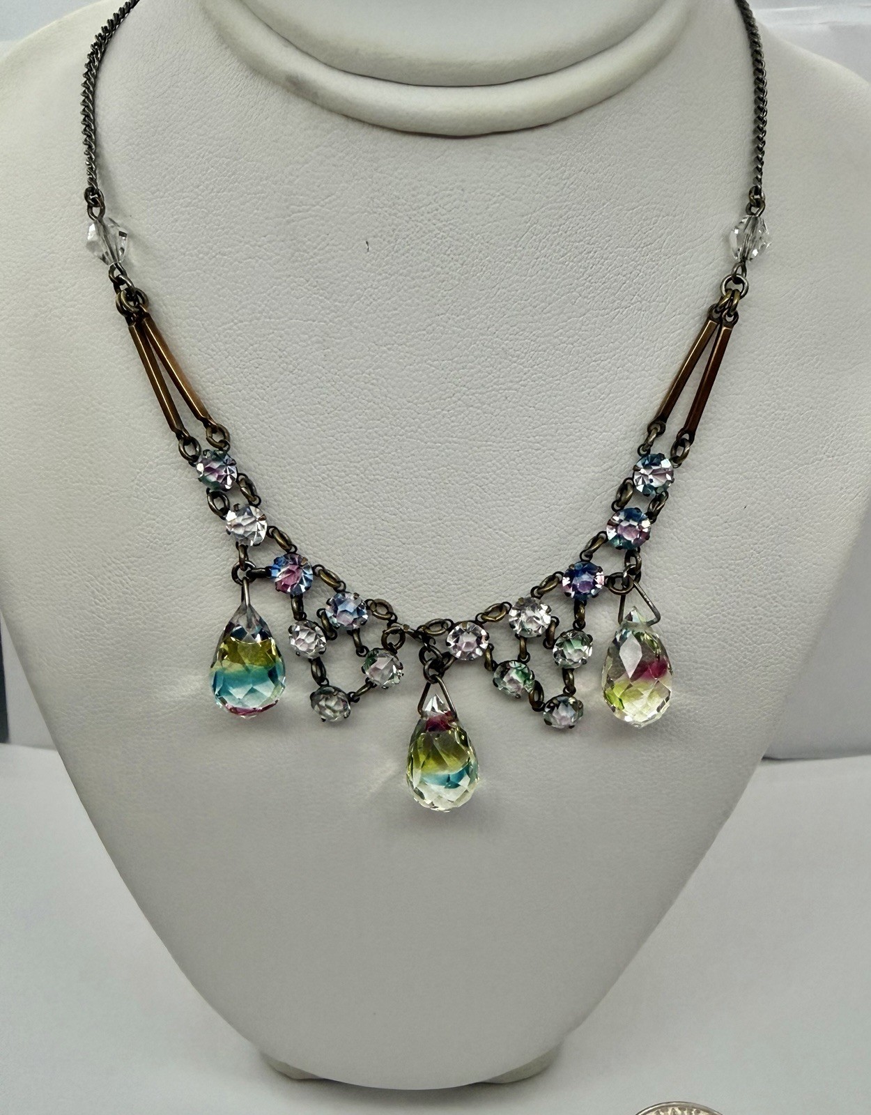 Art Deco Rainbow Iris Arc Crystal & 3 Briolettes Festoon Pendant Necklace 18”