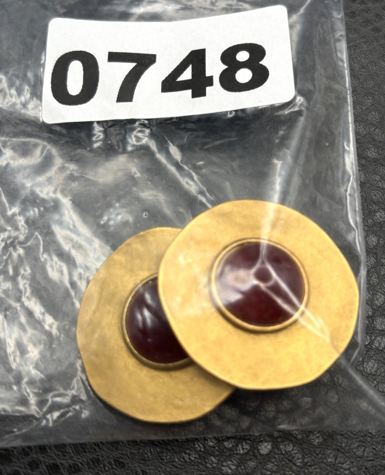 VTG 80s Large Gold Tone Red Cabochon Chunky Runway Hammered Finish Earrings