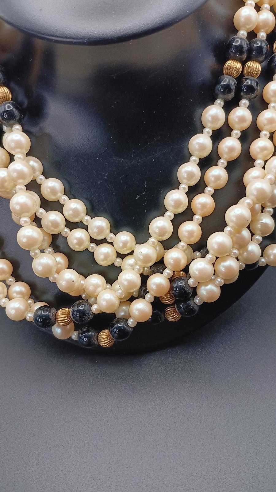 ​Vintage Gay Boyer 6-Strand Faux Pearl Necklace Black Gold Beads Ornate Clasp