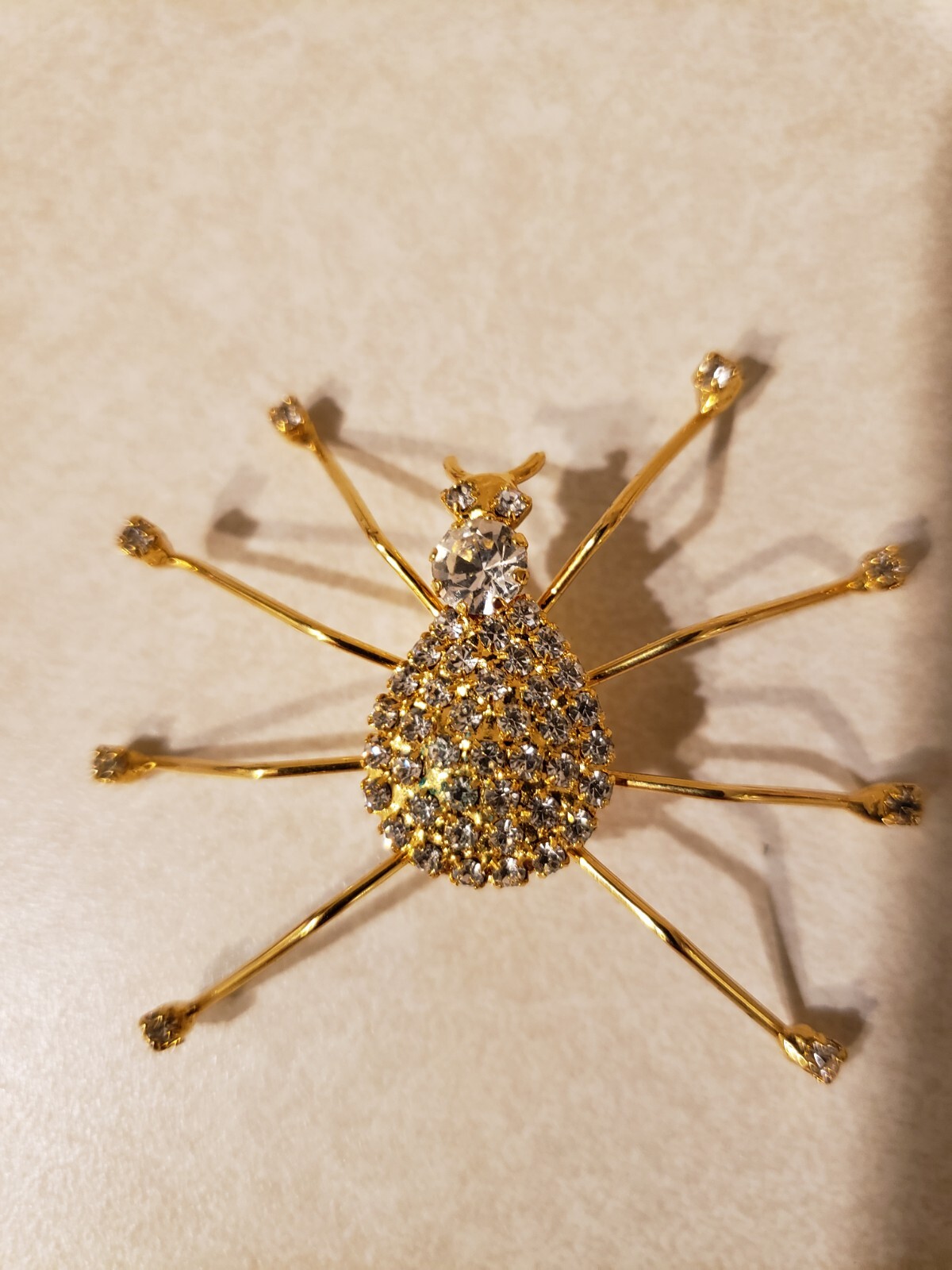 Gold Tone Spider Pin Broach White Rhinestones Halloween Every Day