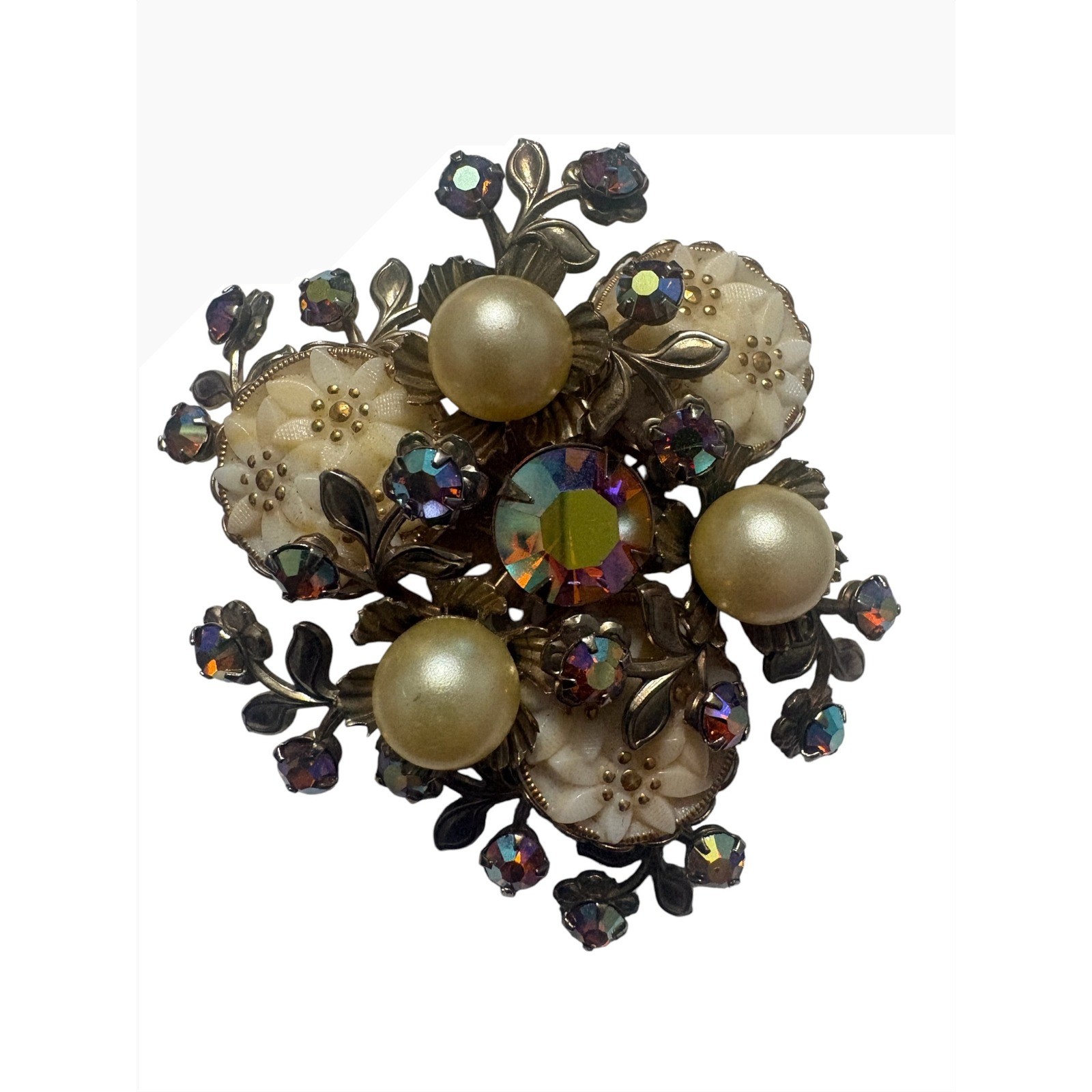 Vintage Aurora Borealis Rhinestone Faux Pearl Carved Flower Floral Brooch Pin