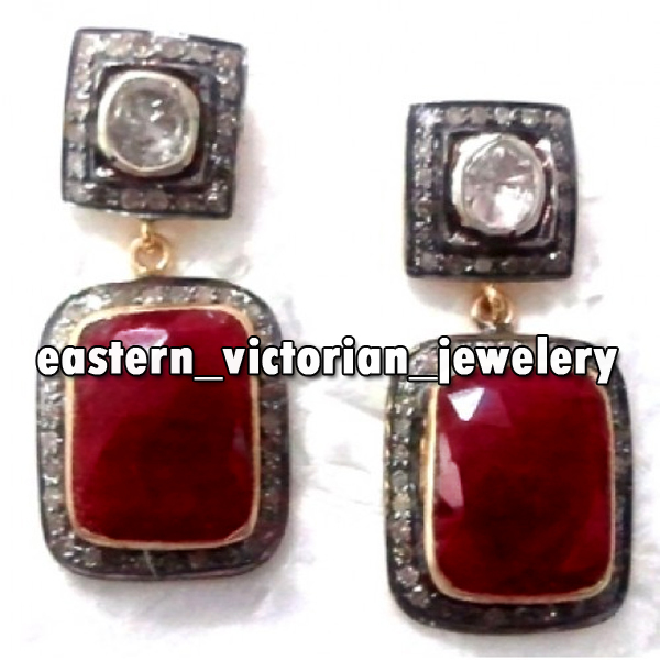 Victorian 1.36ctw Rose Antique Cut Diamond Ruby Silver Gorgeous Earring Jewelry