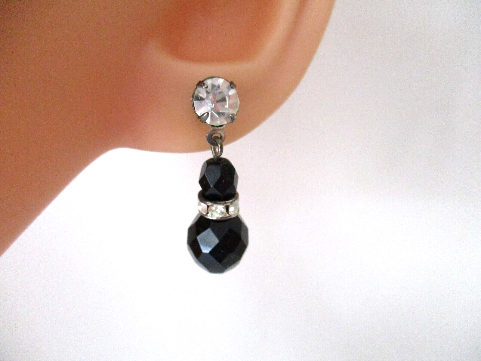 Vintage Dangle Drop Post Earrings Faceted Black Glass Beads & Rhinestones