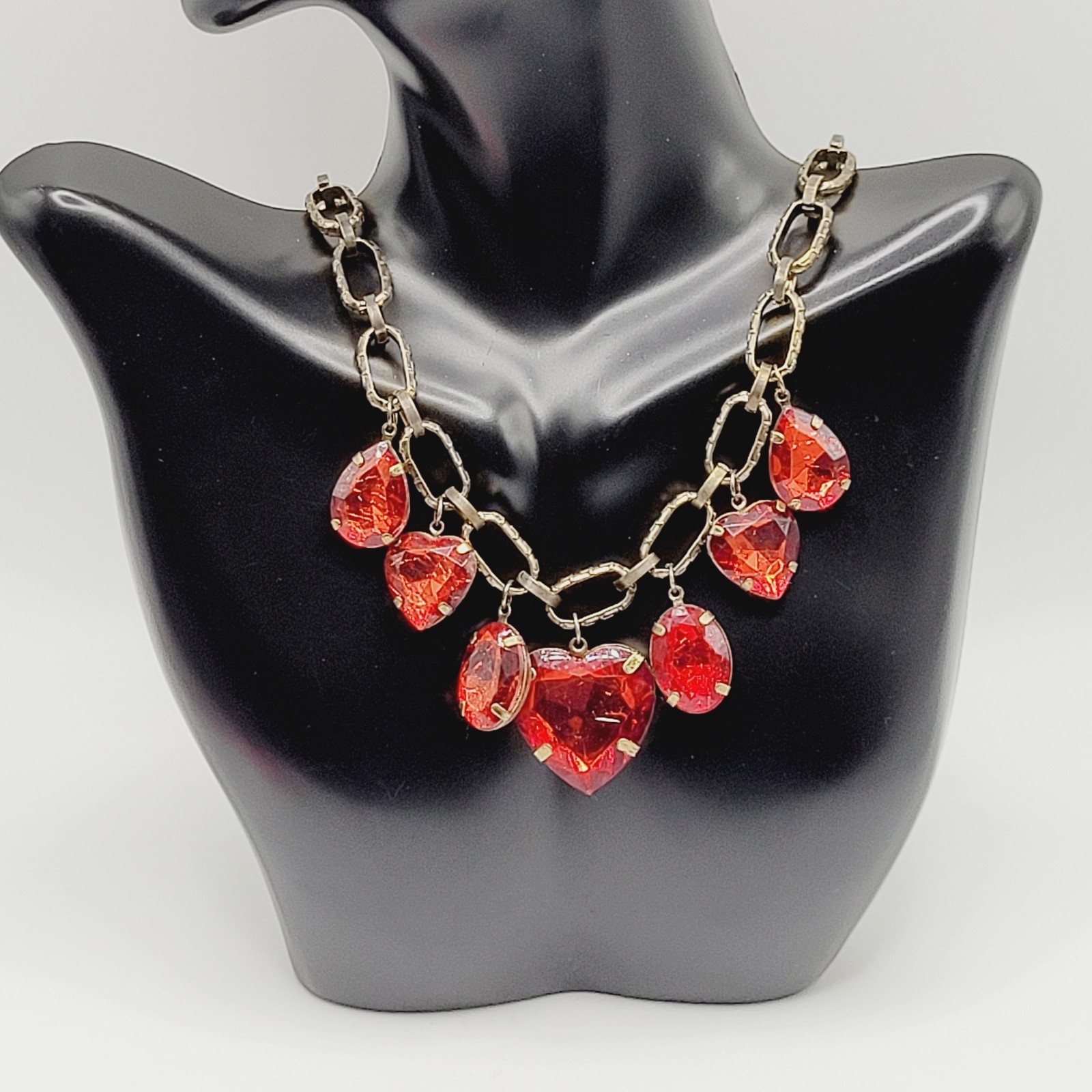 Red Acrylic Gem Statement Red Heart Brass Tone Large Link Vintage Necklace 17 In