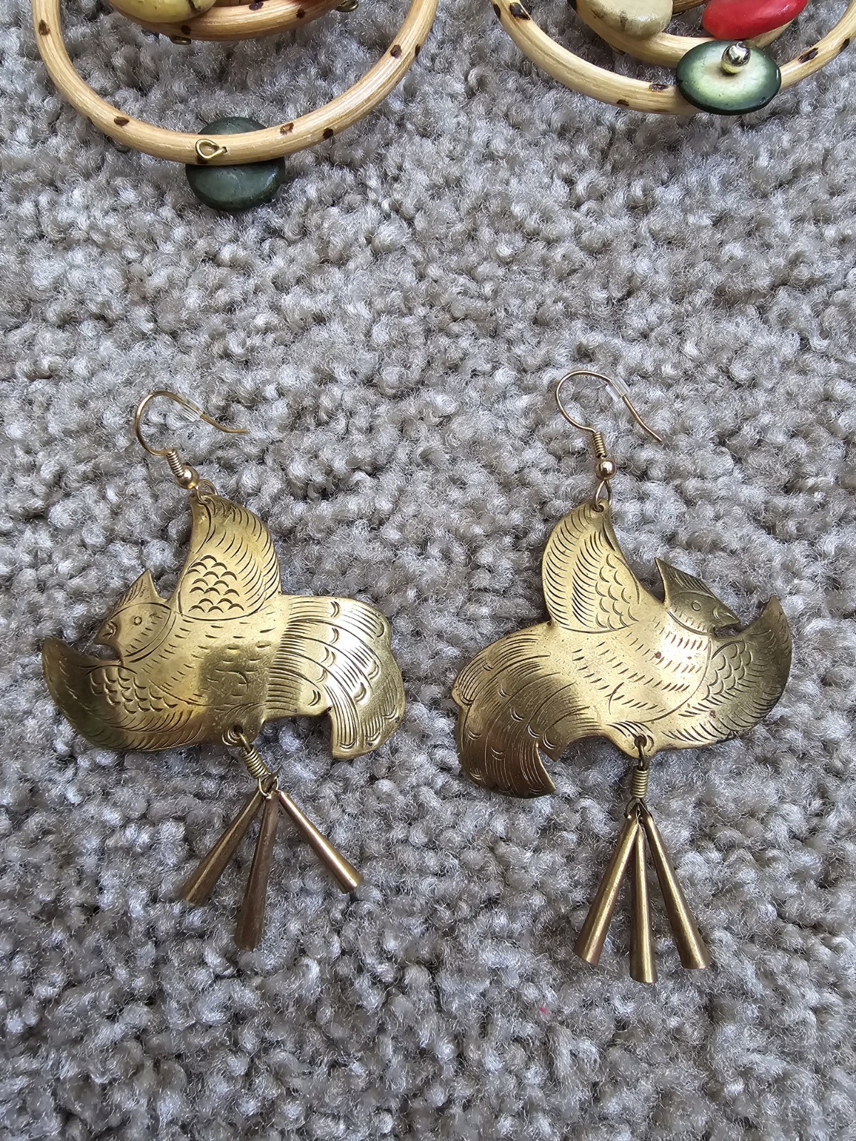 Vintage 4 Piece Lot Boho Earrings Pierced Brass Birds Bamboo Giraffe Art Teacher