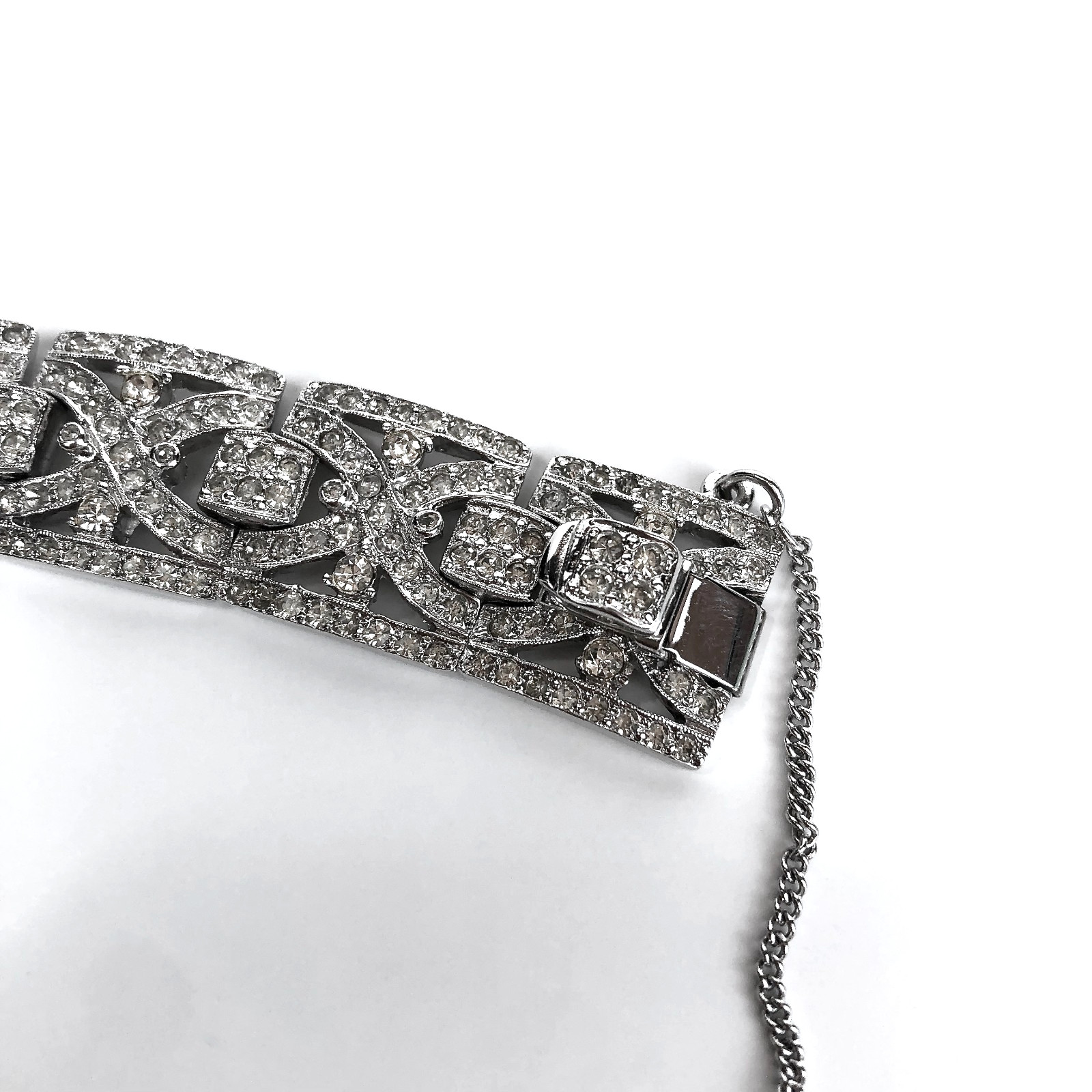 Vintage Art Deco Rhinestone Bracelet Geometric Panels Safety Chain Clasp