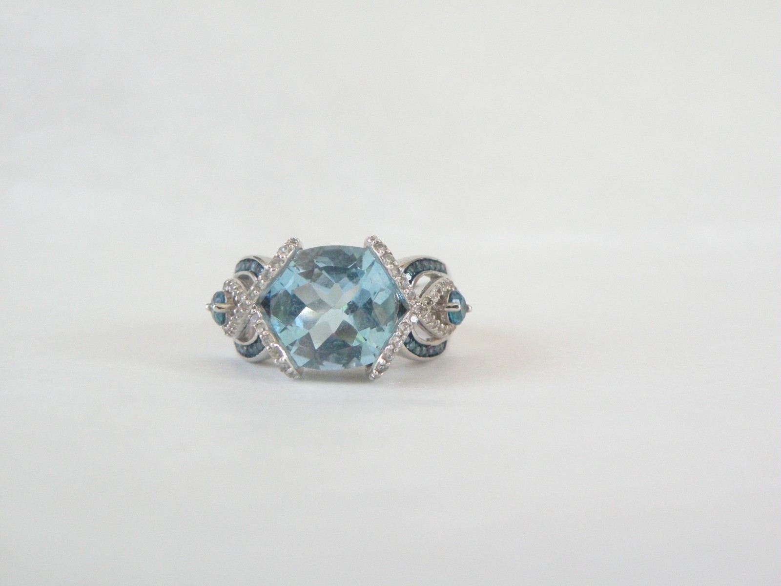 Vintage Style Sterling Silver 925 Natural Heated Blue Topaz Diamond Ring Size 6