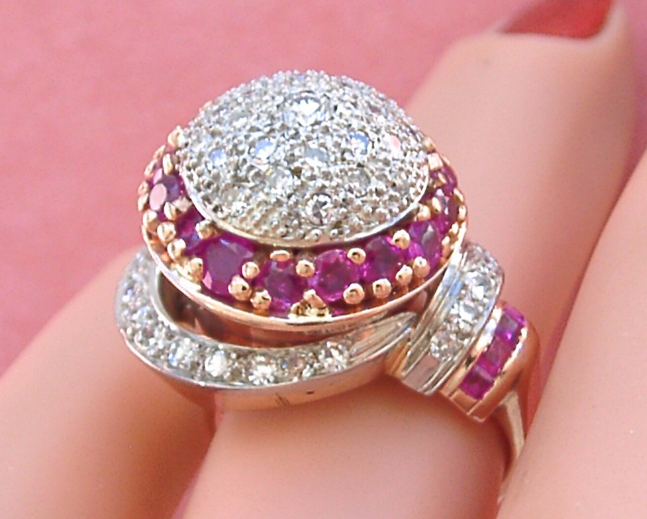 VINTAGE RETRO 1.38ctw DIAMOND 1.23ctw RUBY ATOMIC SPACE COCKTAIL PINKY RING 1940