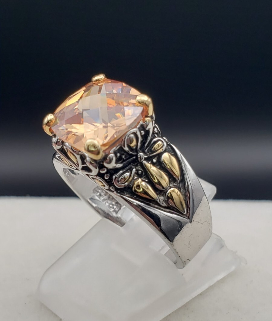 Vintage 18K White Gold Plated Cushion Cut Champagne CZ Floral Ring Size 7.75