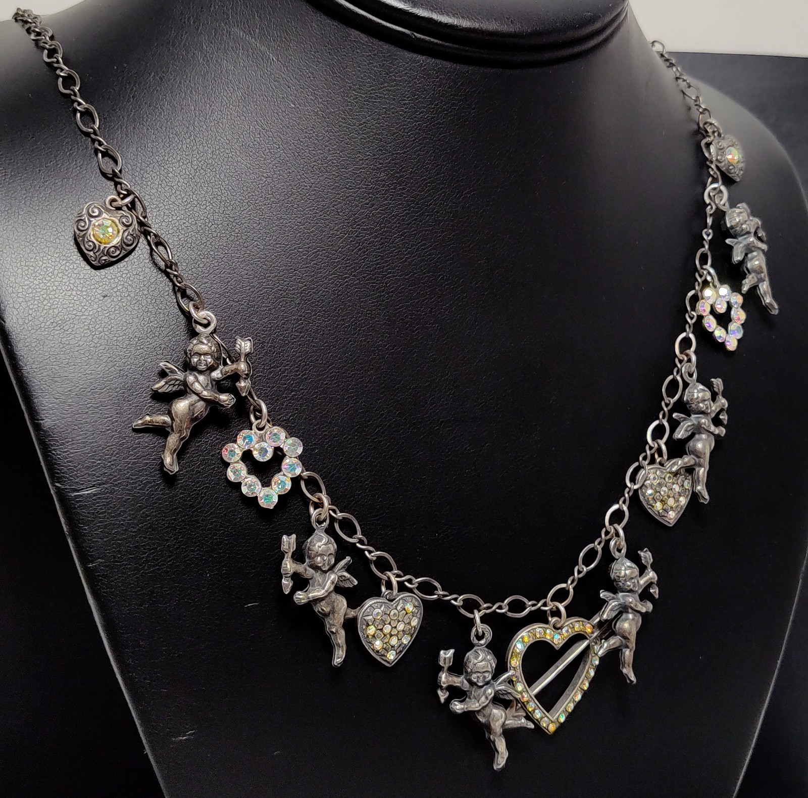 Lovely Vtg signed TOP SHELF JEWELRY AB Rhinestone Angel Design Silver Necklace