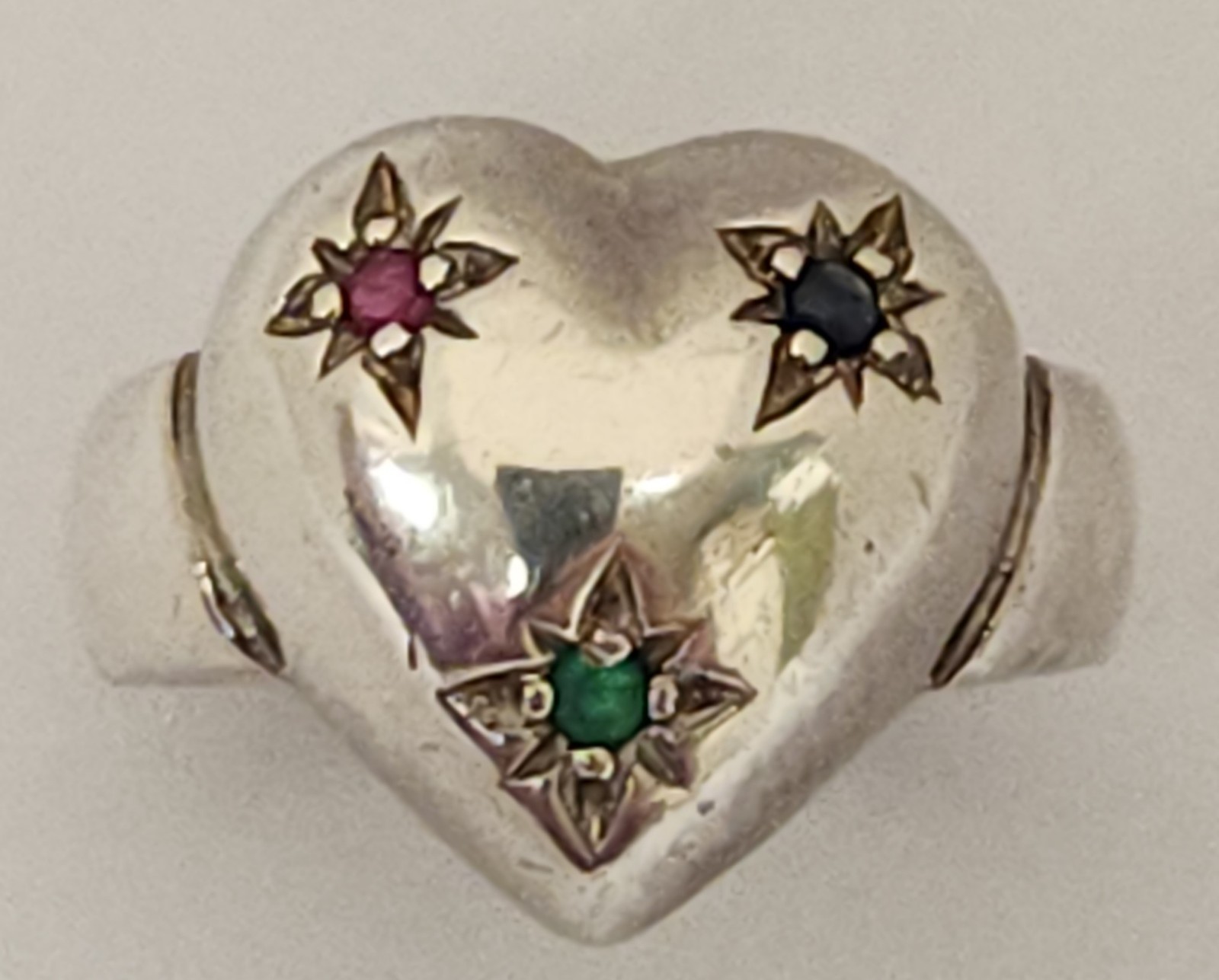 Sterling Silver Puffy Heart Star Set Genuine Ruby Sapphire Emerald Ring 6.5