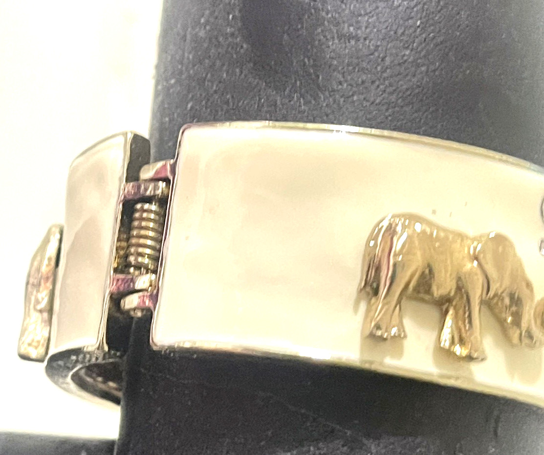 Vintage Enamel Cuff Bracelet Elephants Ivory Goldtone Crystals Hinge Opening