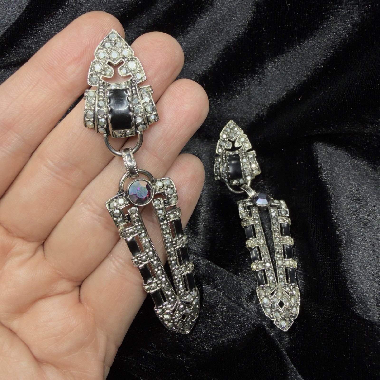Vintage Signed▪️ KIRKS FOLLY Black Marcasite ART DECO Rhinestone DANGLE Earrings