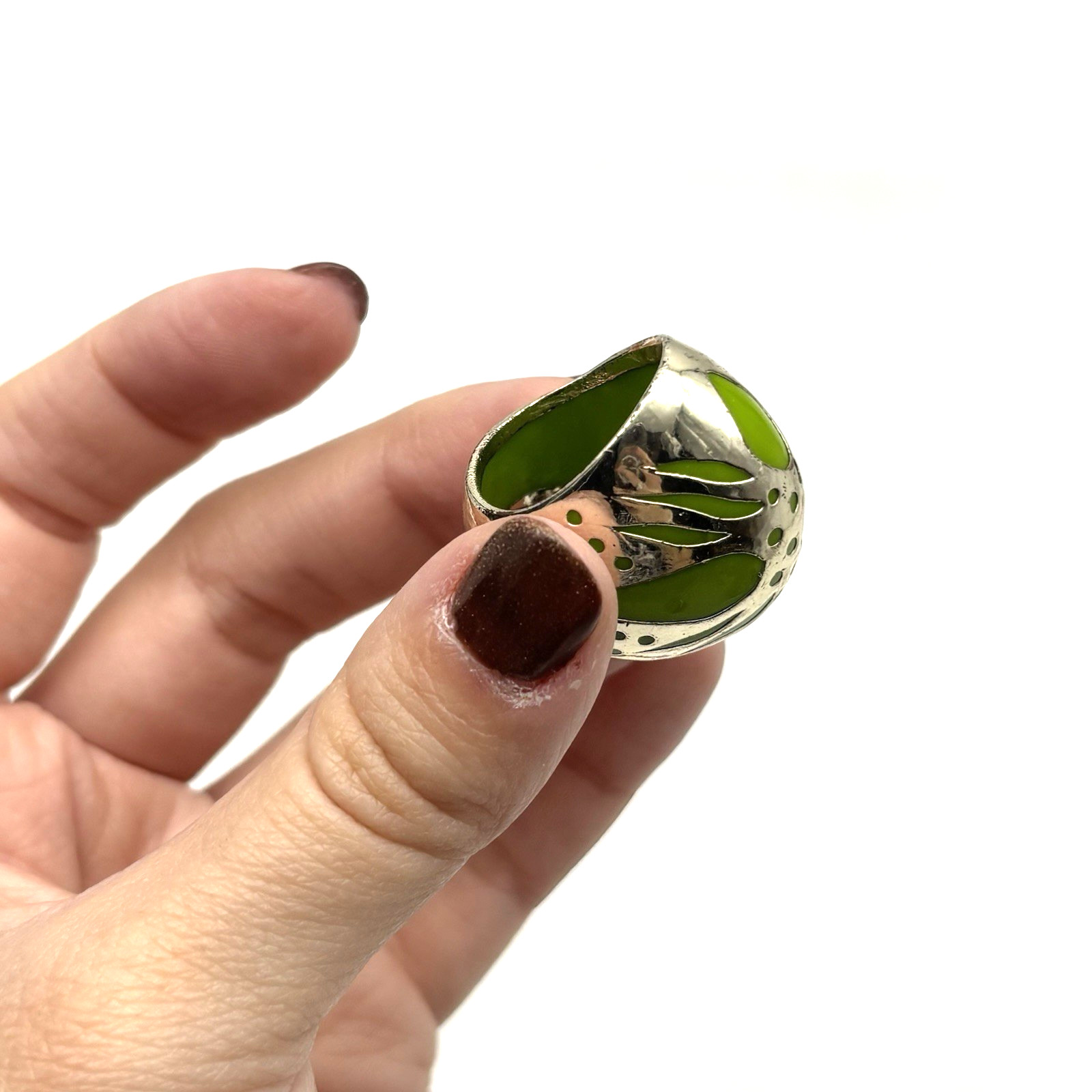 Vintage 60s 70s Silver-tone & Lime Green Enamel Brass Bubble Dome Ring Size 5.75
