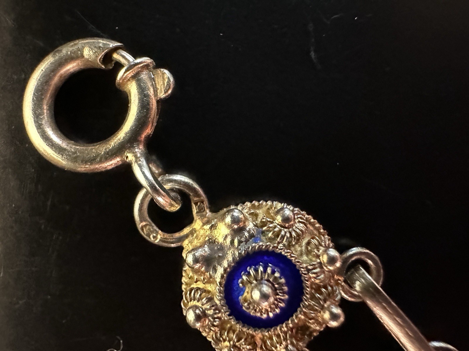 Vintage Chinese Export 925 Sterling Vermeil Cobalt Enamel Cannetille Bracelet