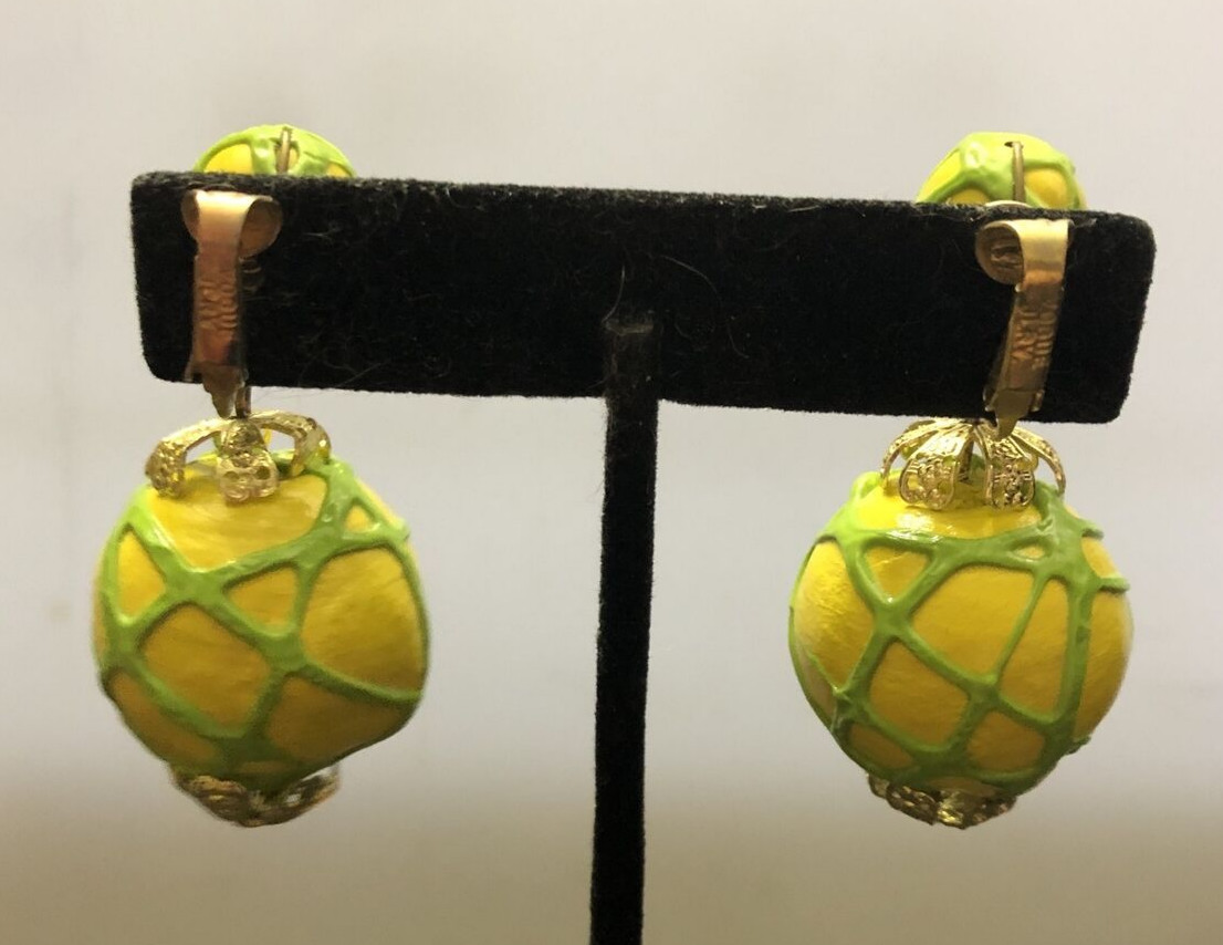 Vintage Signed VOGUE JLRY yellow & green Art Deco Dangle Clip-On Earrings 2″