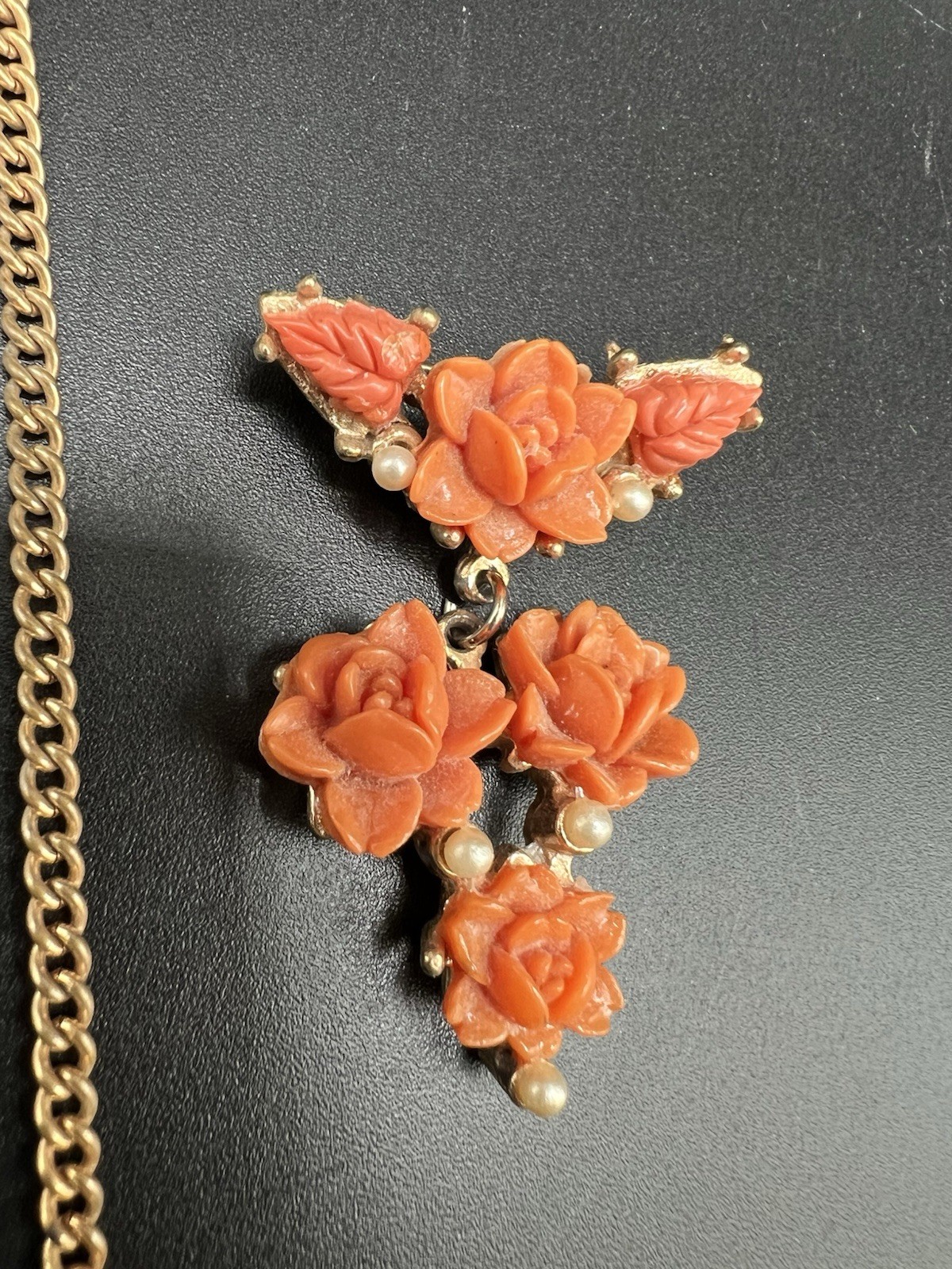 Art Deco Molded/Carved Peach Pink Floral Necklace & Matching Brooch