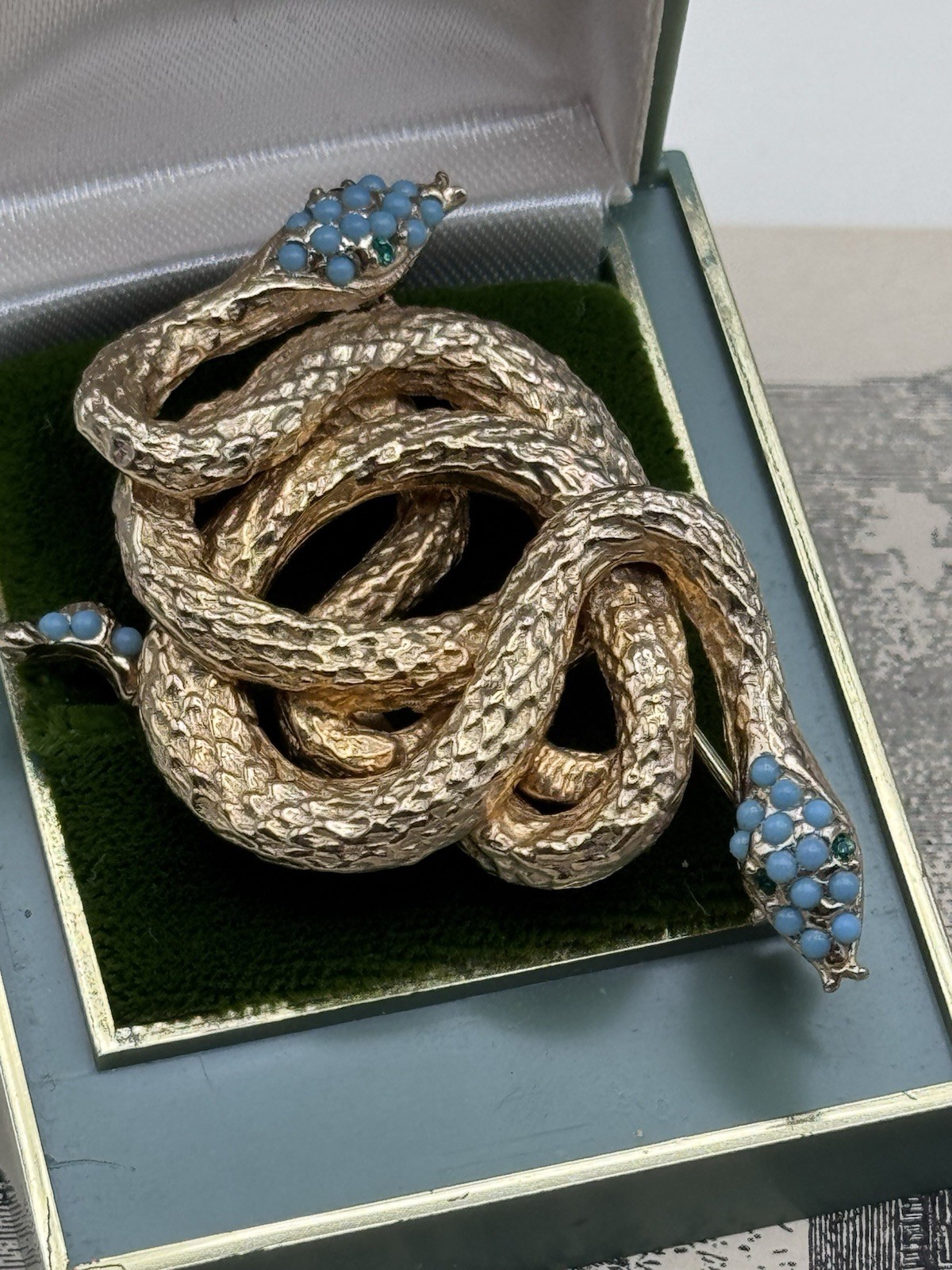 Les Bernard Snake Brooch Goldtone Serpent Blue Cabochon 2” Signed Inc Vintage