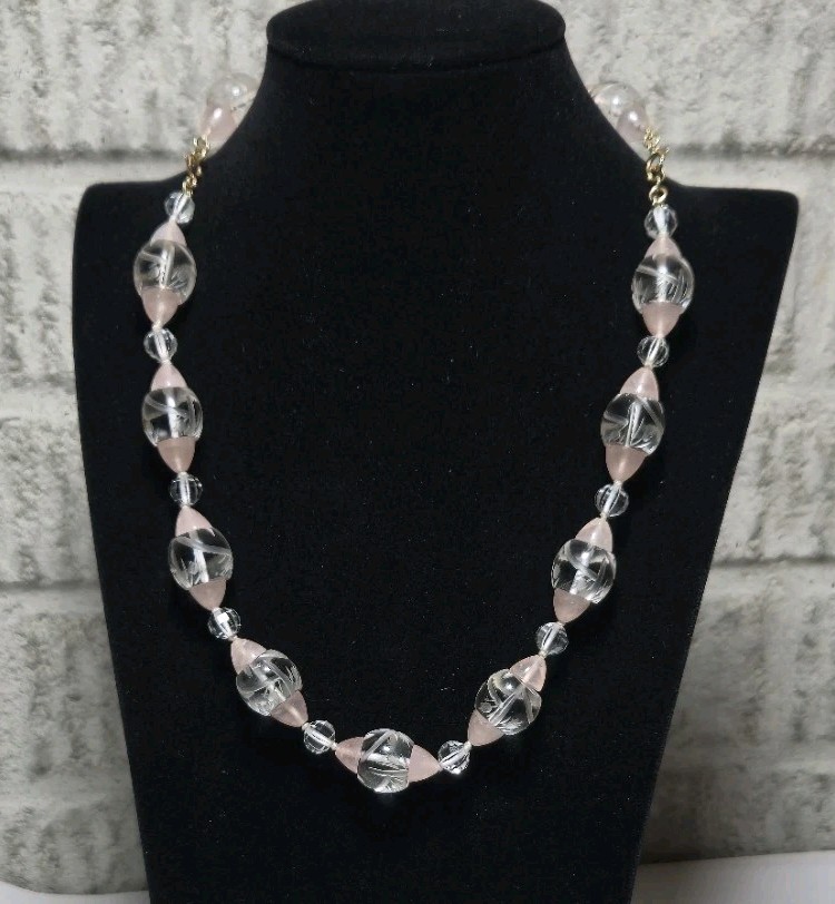Rare Vintage Necklace Carved Rock Crystal & Pink Quartz 14K Floral Tulip Etched