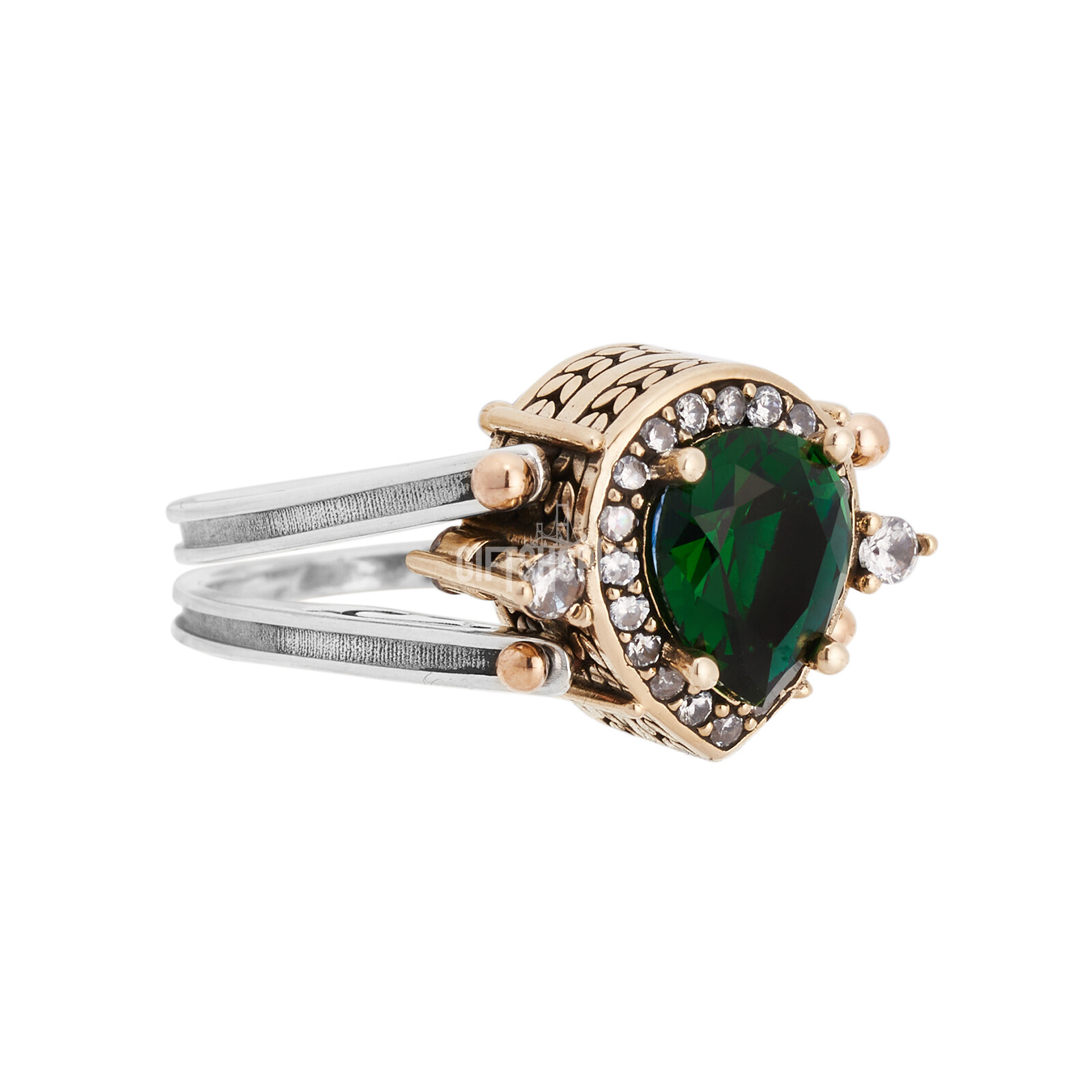 Turkish Reversible Drop Cut Emerald and Sapphire Topaz 925 Sterling Silver Ring