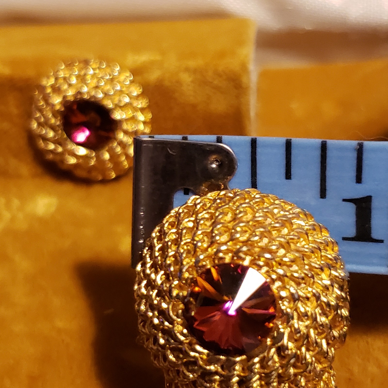 Vintage Cufflinks Tie Tack Set Hadley Gold Tone Mesh Wrap Red Rivoli Mid Century