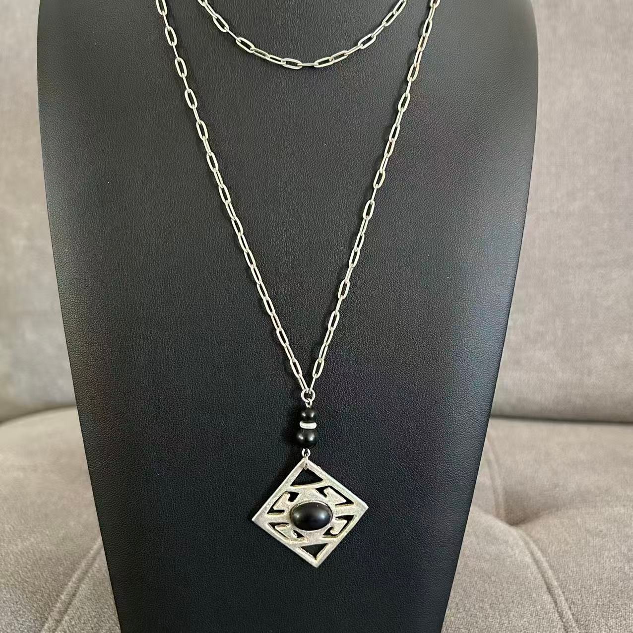 Vintage Modernist Geometric Pendant Necklace Simulated Black Onyx ~36”