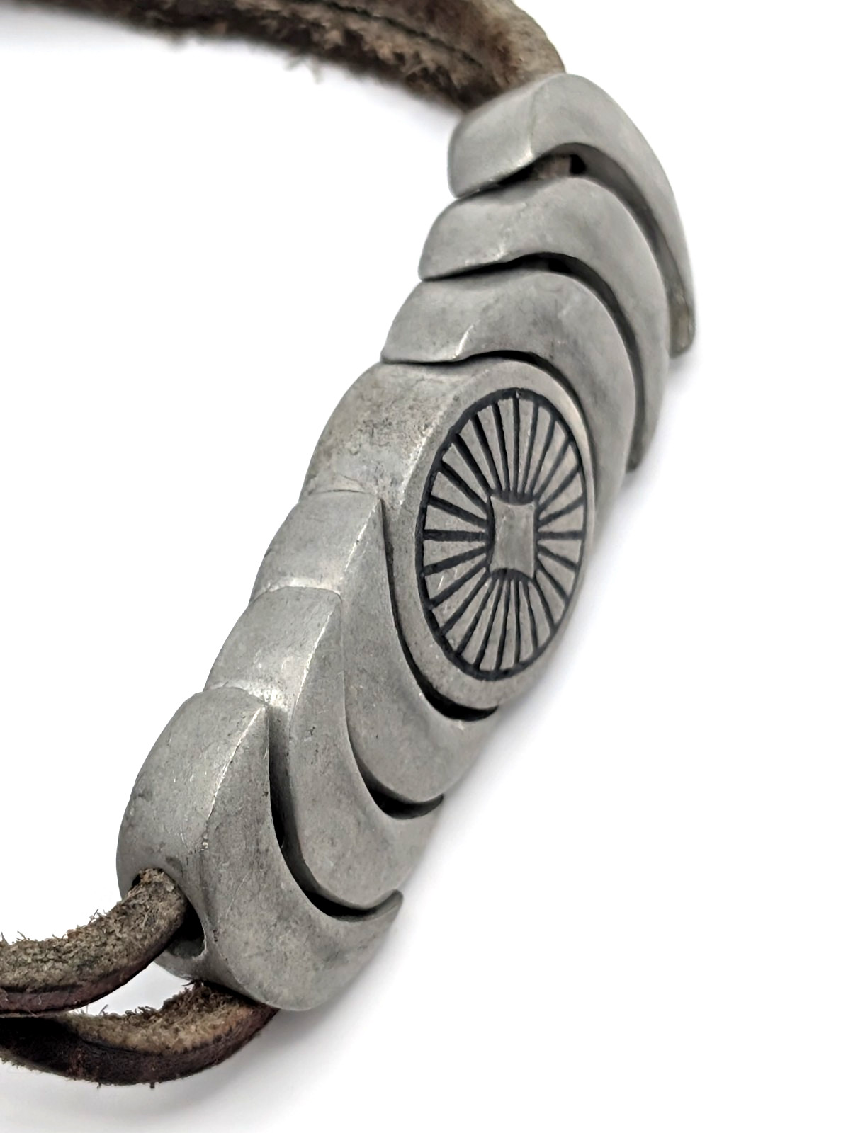 Vintage Pewter Triple Moon Bracelet Leather Cord Celestial Boho Slider Unisex
