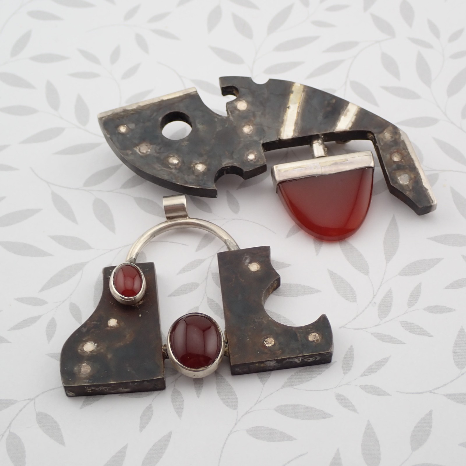 Modern Brutalist Red Carnelian Sterling Silver Mixed Metal Pin Pendant Set by MR