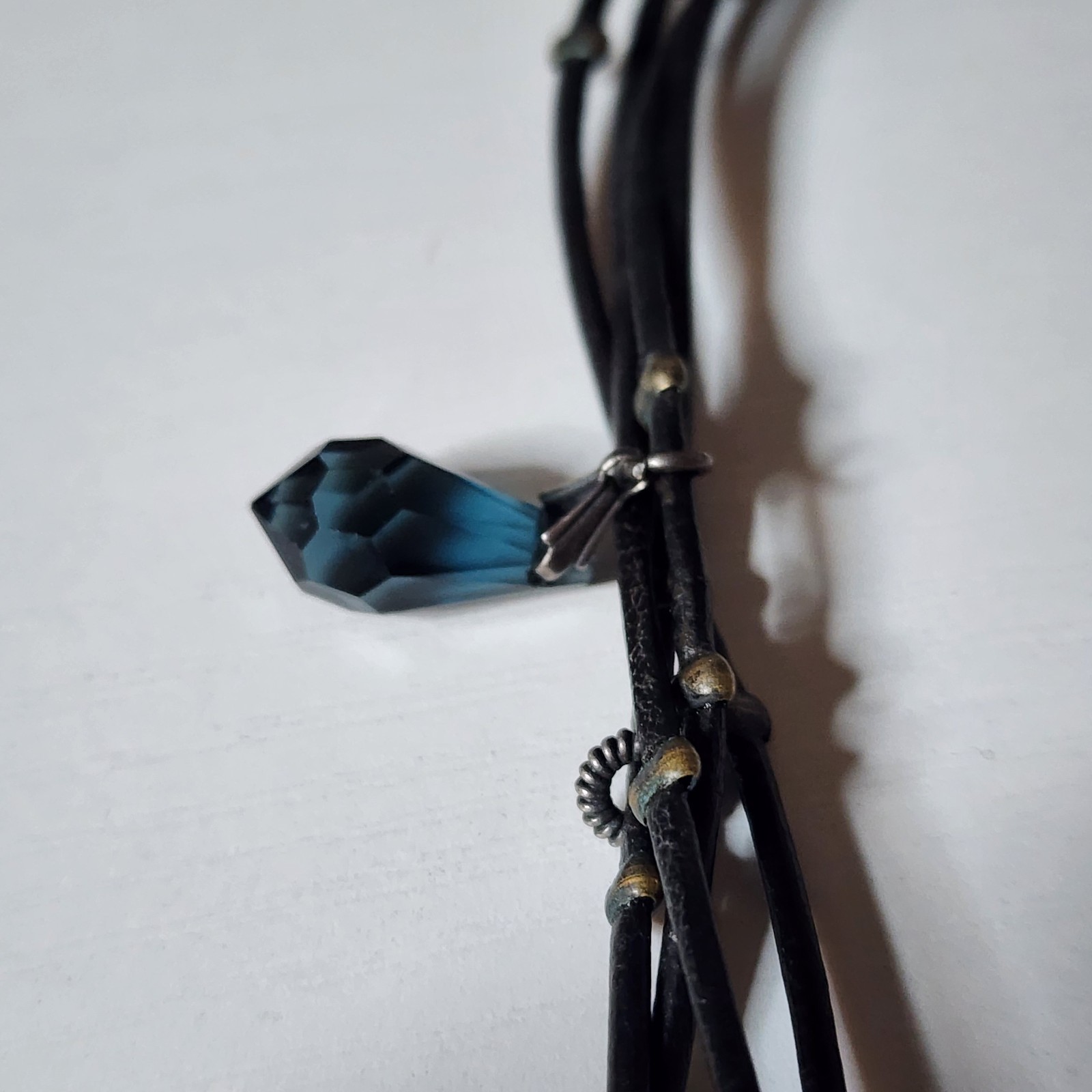Vintage Van Galz Black Leather Multi Strand Necklace Blue Crystals Heart Charms