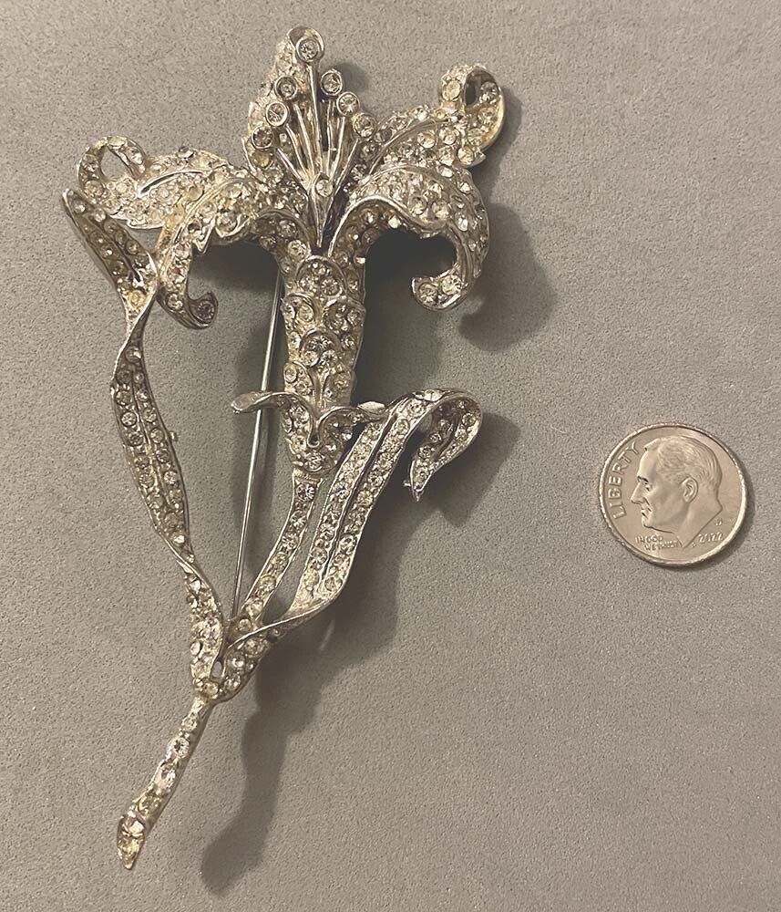 Huge Vintage REINAD Rhodium Pave Rhinestone Tiger Lily Flower Pin Brooch 4.25″