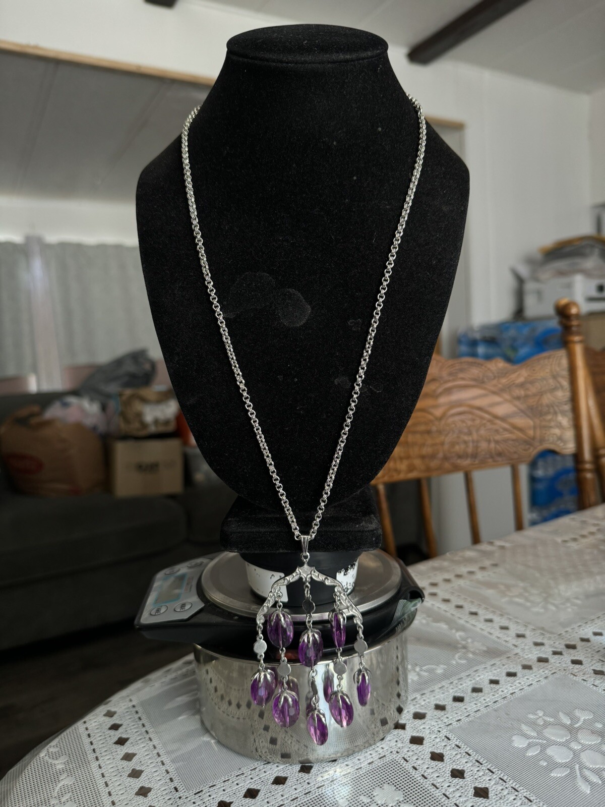 Vintage SARAH COV. silver TONE Rolo Chain&purple Chandelier Pendant Necklace