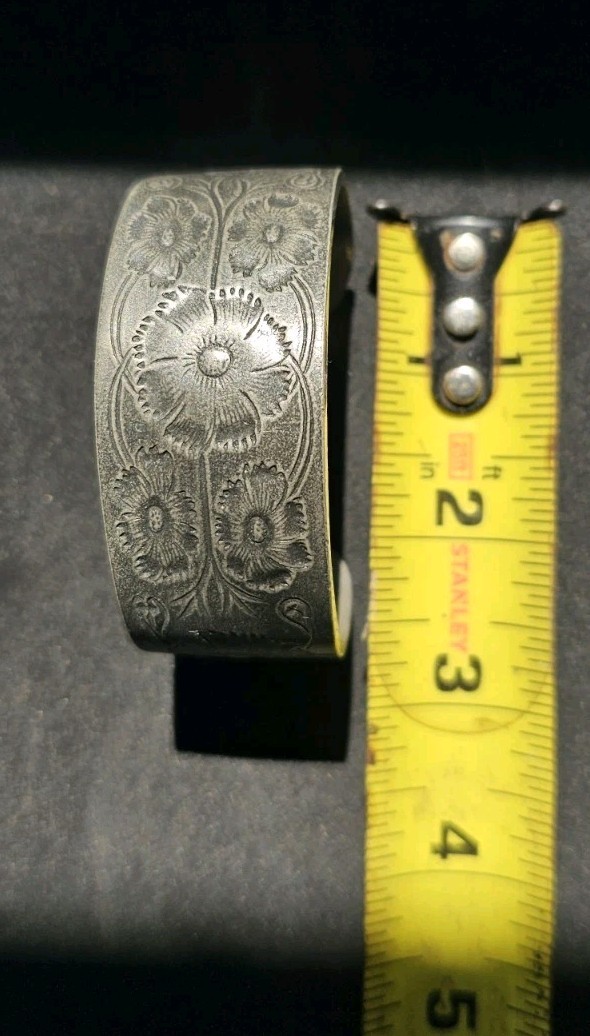 Vtg Salisbury Pewter October Flower of the Month Wide Cuff Bracelet Adjustable
