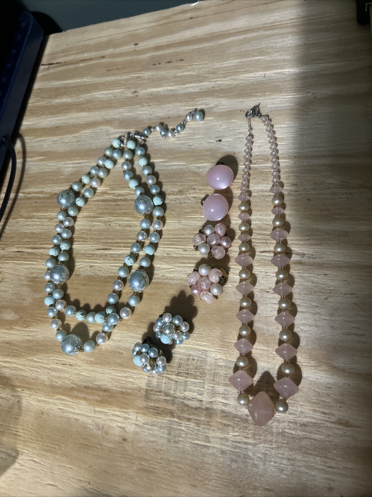 Vintage Blue And Pink Beaded Necklace Sets With Clip Earrings