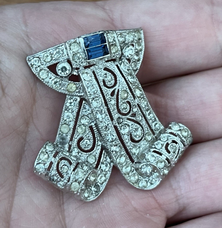 Vintage Coro Duette Bow Art Deco Silver Tone Brooch Dress Clip *Needs Repair*