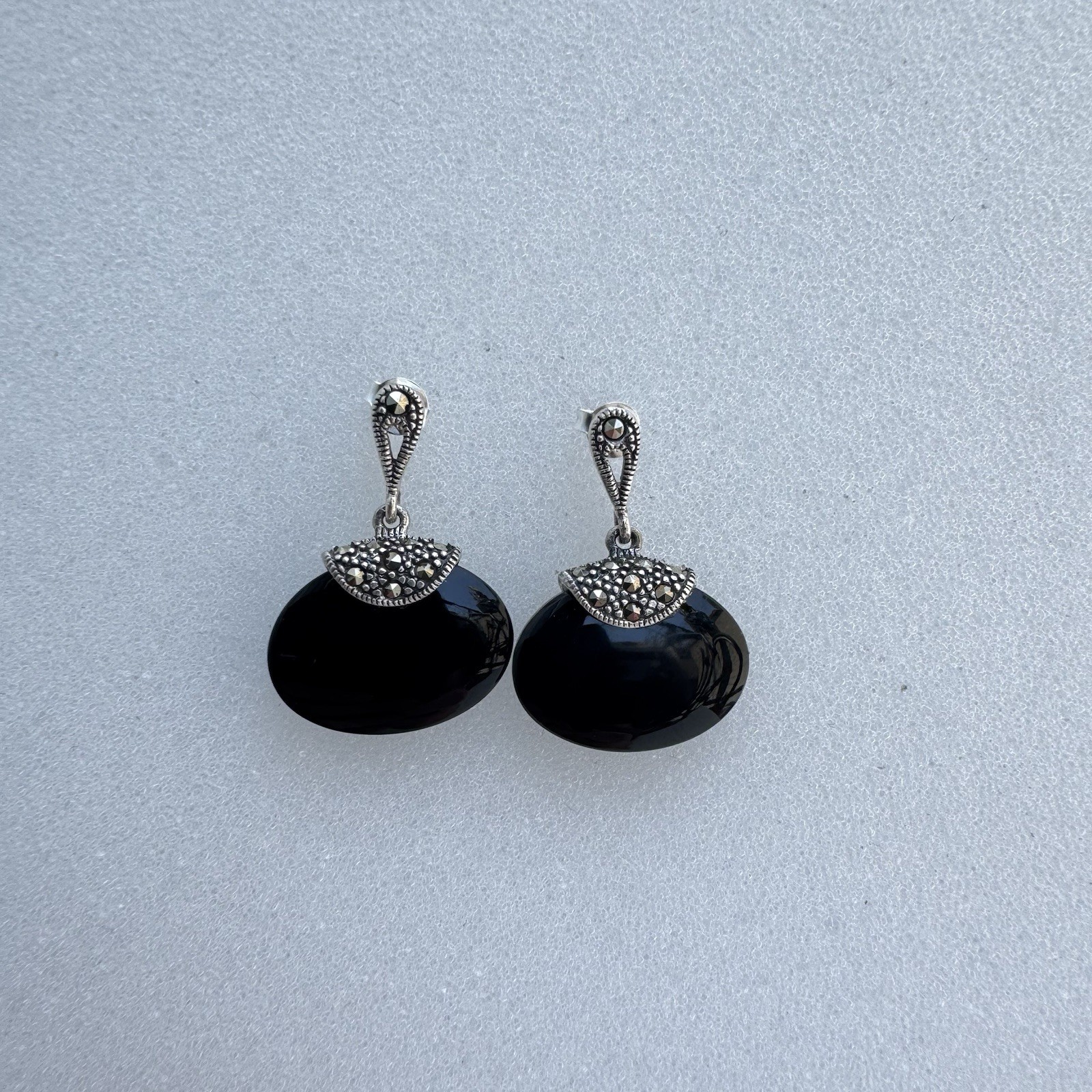 Vintage 925 Sterling Silver Black Onyx Marcasite Dangle Earrings Signed R