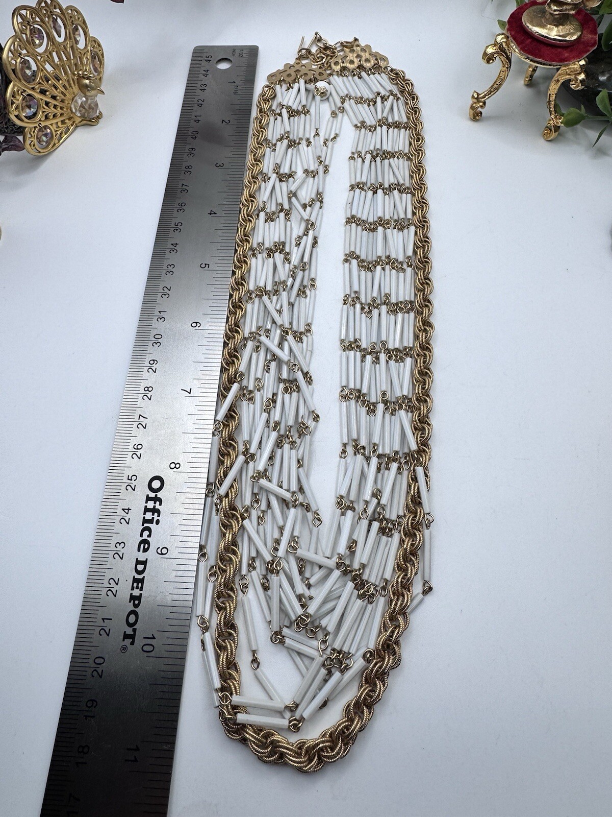 Gorgeous Vintage Necklace White Multi Strand Tube And Rope Chain Gold Tone