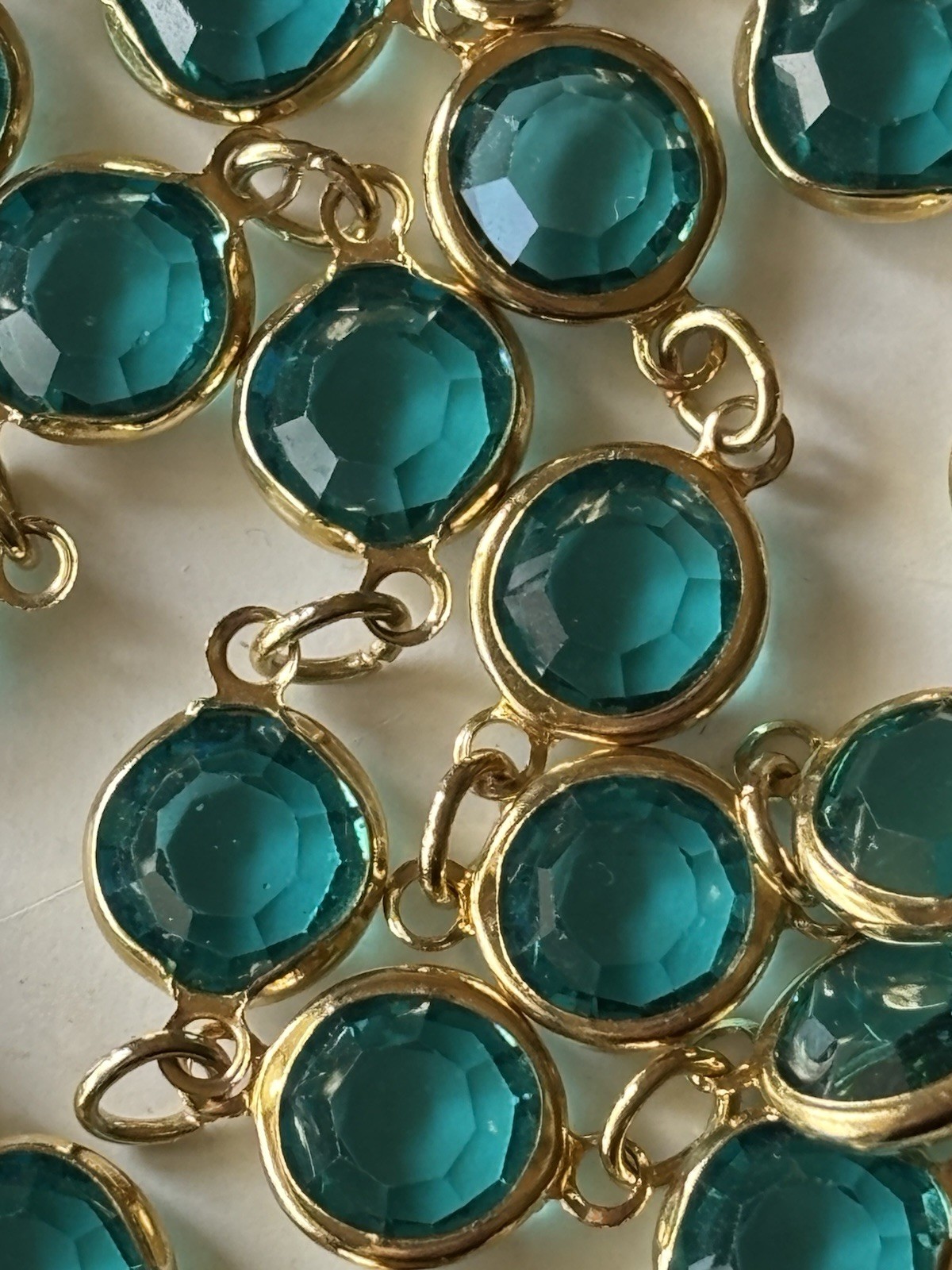 Austrian Crystals Necklace Aqua Blue Round Faceted Bezel Set Gold Tone 34 in USA