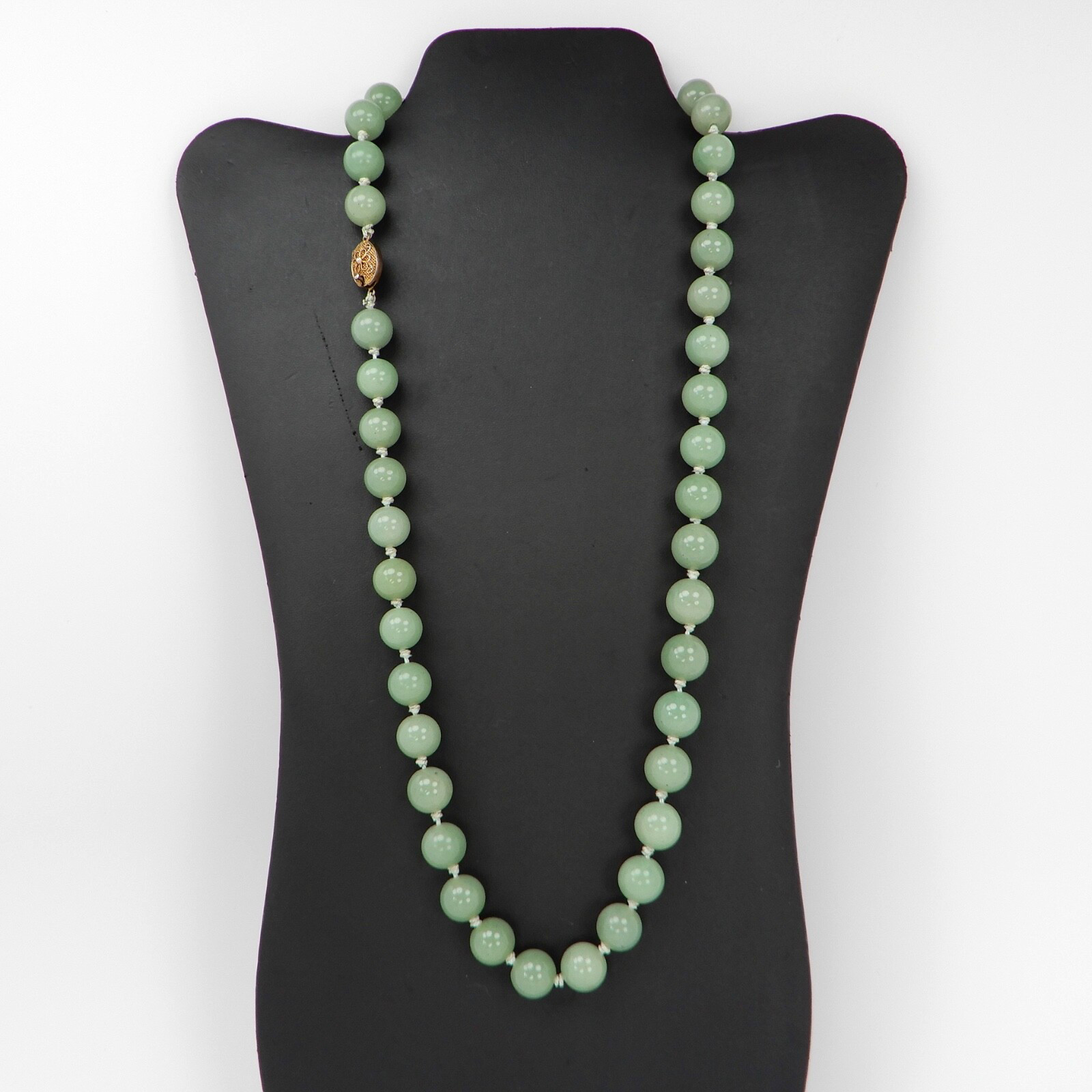 Vtg Green Jade Knotted 12mm Bead Necklace 24” .925 Silver Filigree Clasp 115 gr