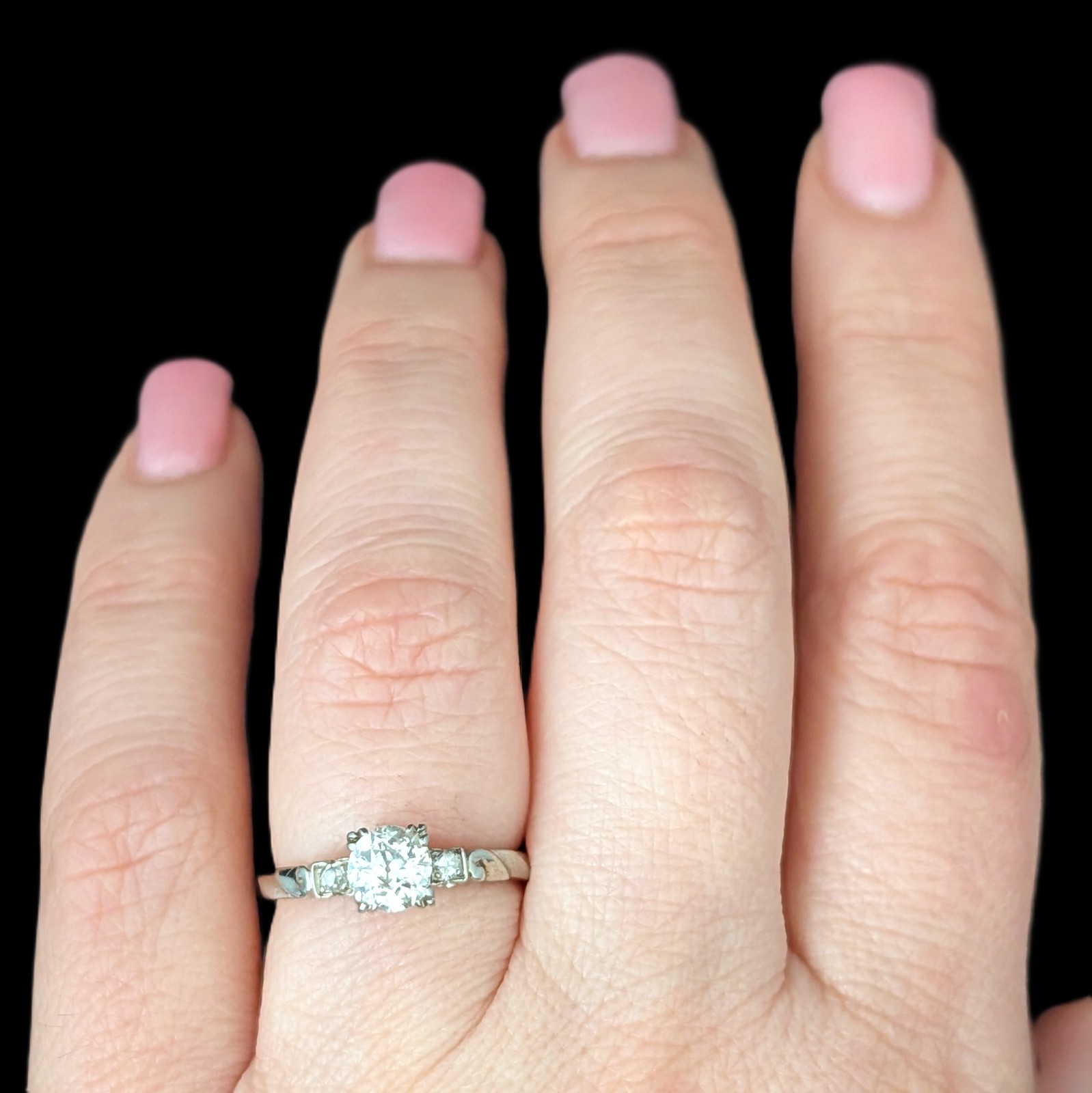 Vintage Old European Cut Diamond 14k White Gold Engagement Ring Estate Retro