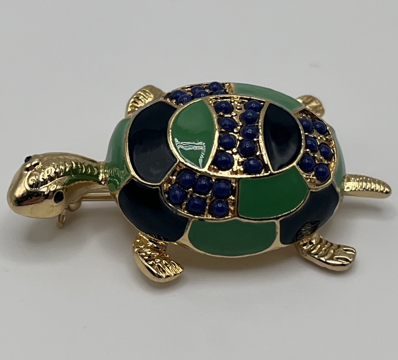 Vintage Enamel Turtle Brooch Gold Tone Green Blue Statement Piece Pin