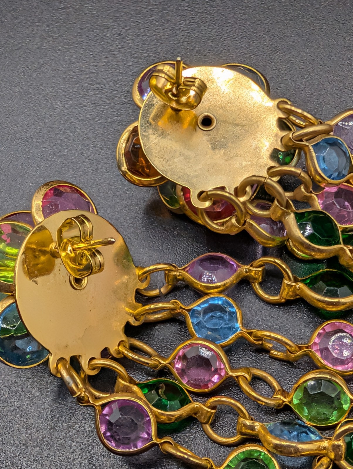 2 Pairs of Vintage Crystal Floral Cluster Gold Tone Earrings