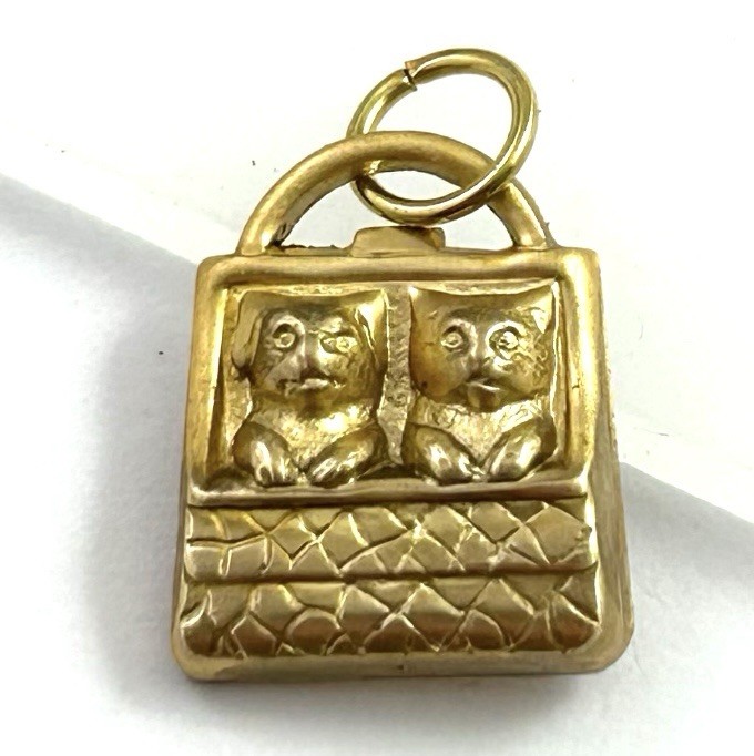Vintage Charm Kitten Puppy In Purse Vintage Jewelry Raw Brass Stamping Pendant