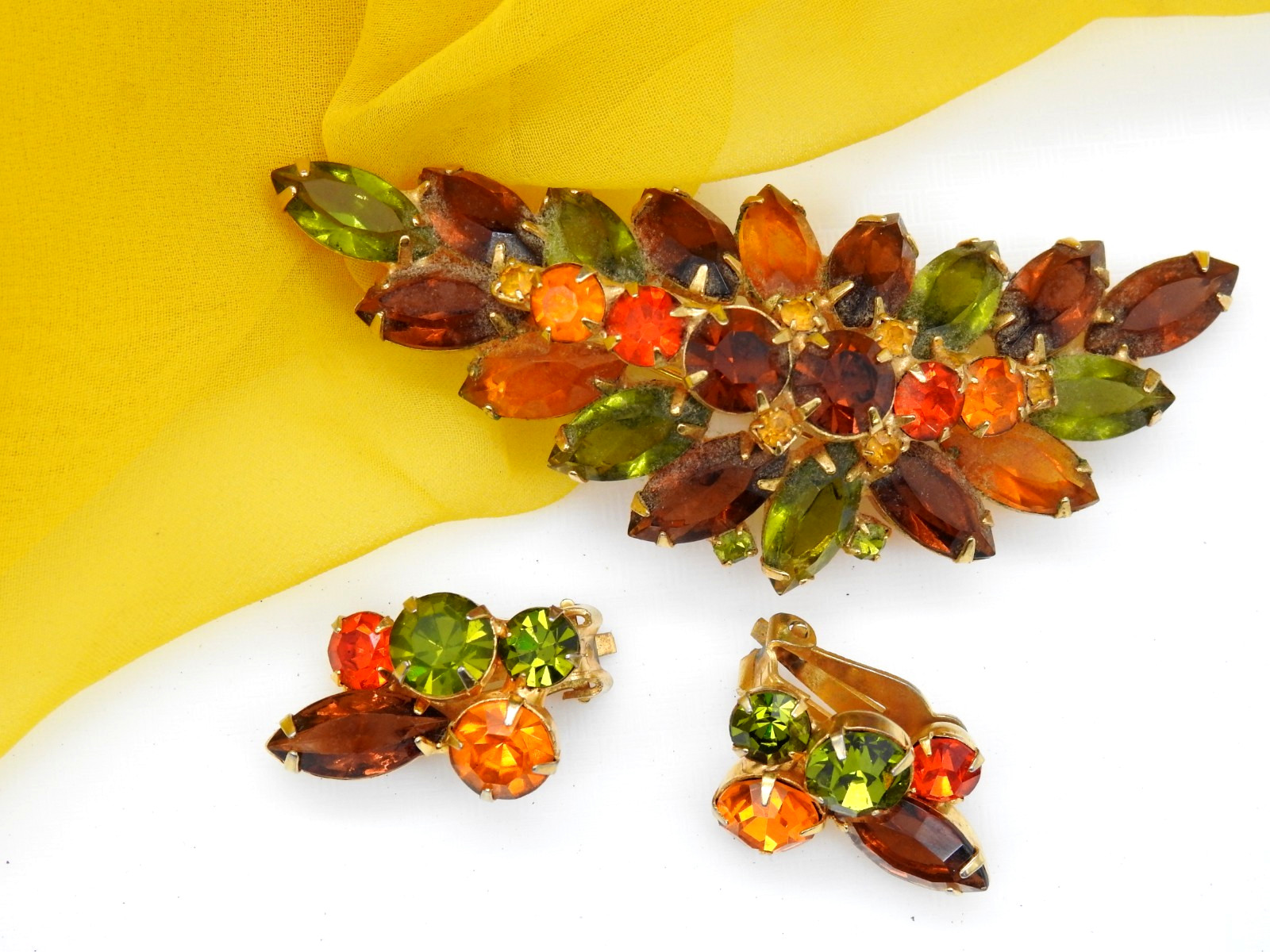 Juliana Rhinestone Brooch Clip Earrings Set Fall Colors Demi Parure Vintage