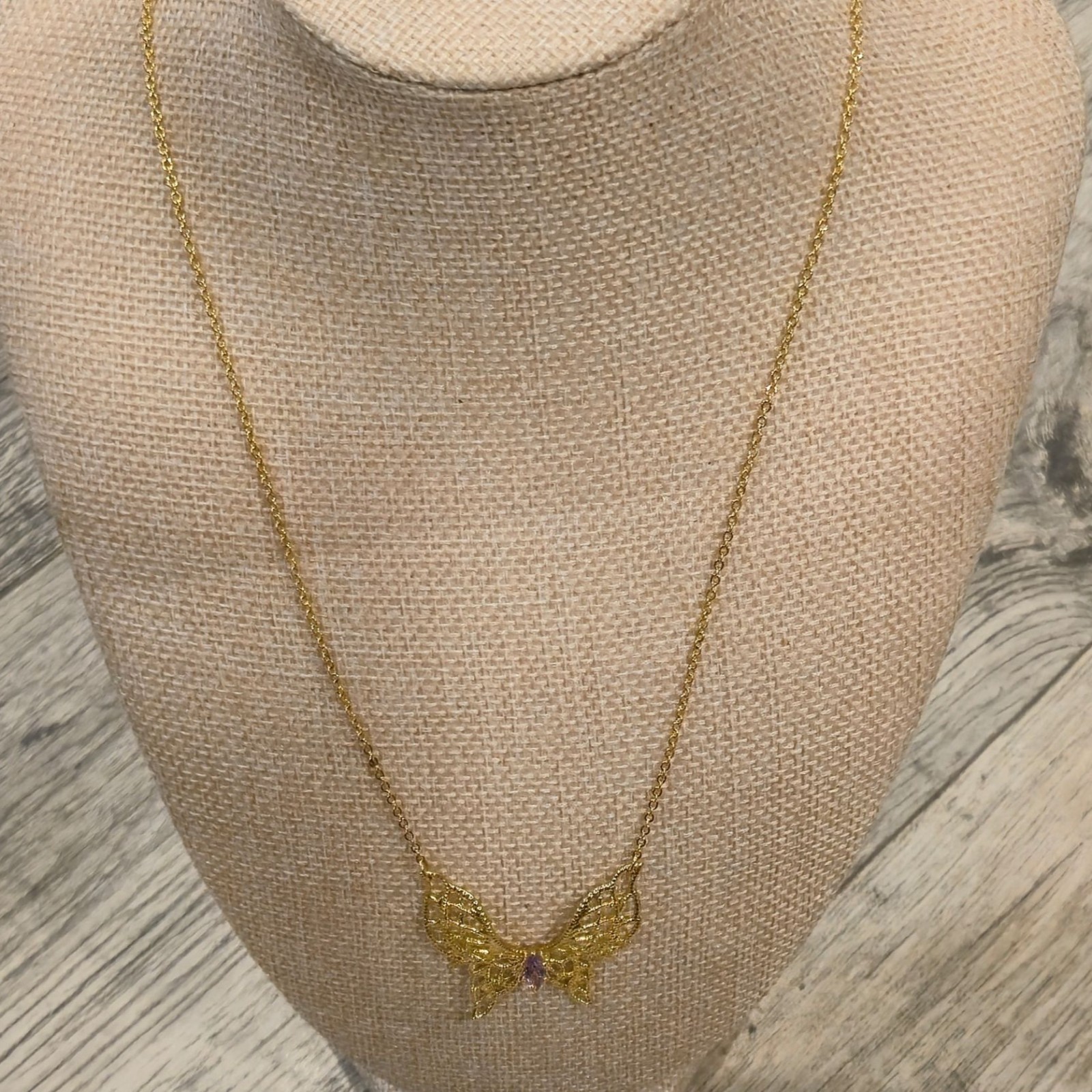 Vintage Gold Butterfly Necklace Purple Stone Filigree 14K HGE Lindenwold Jeweler