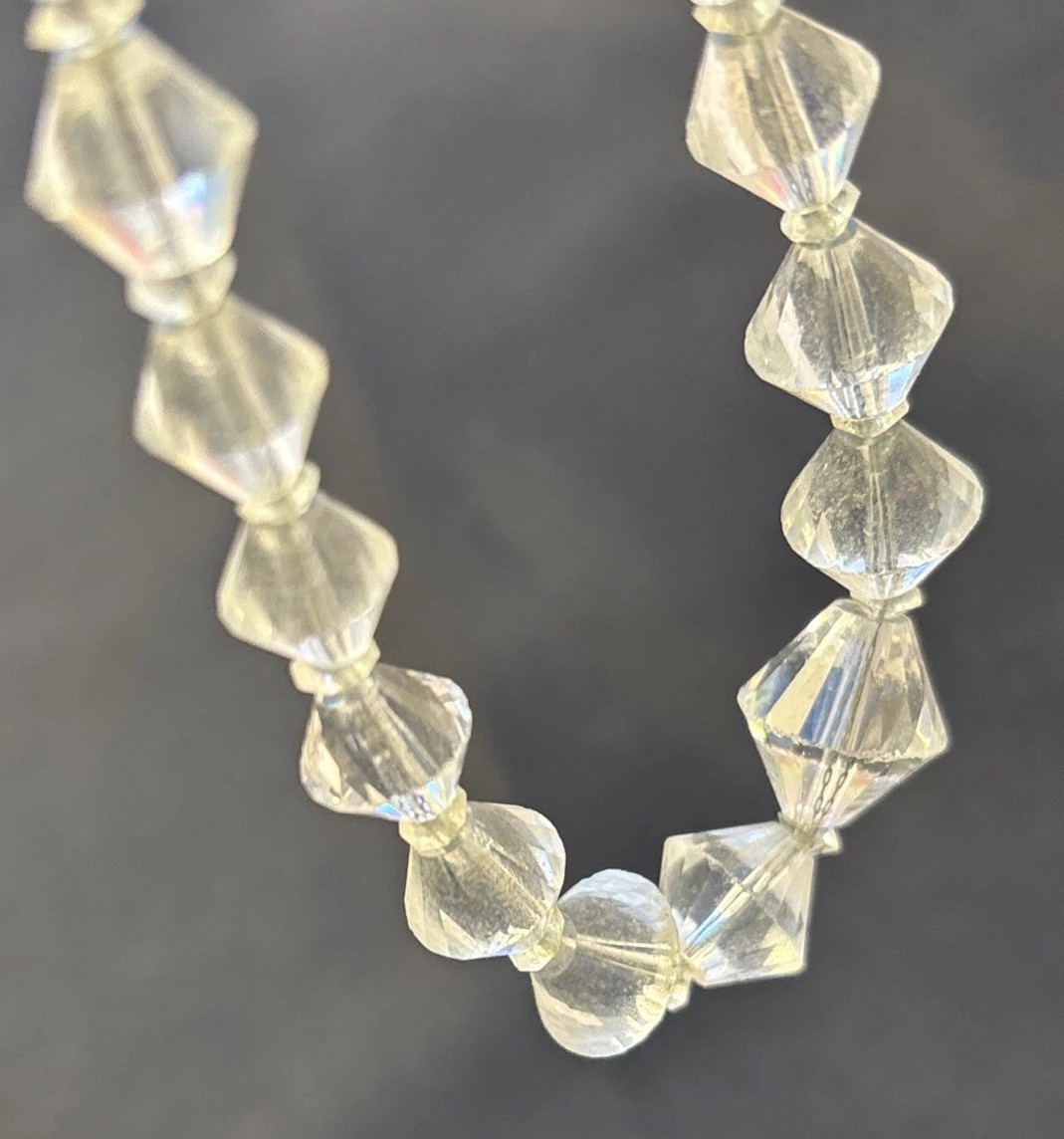 Vintage Clear Glass Crystal Prism/Faceted Bead Necklace String Fish Hook Clasp