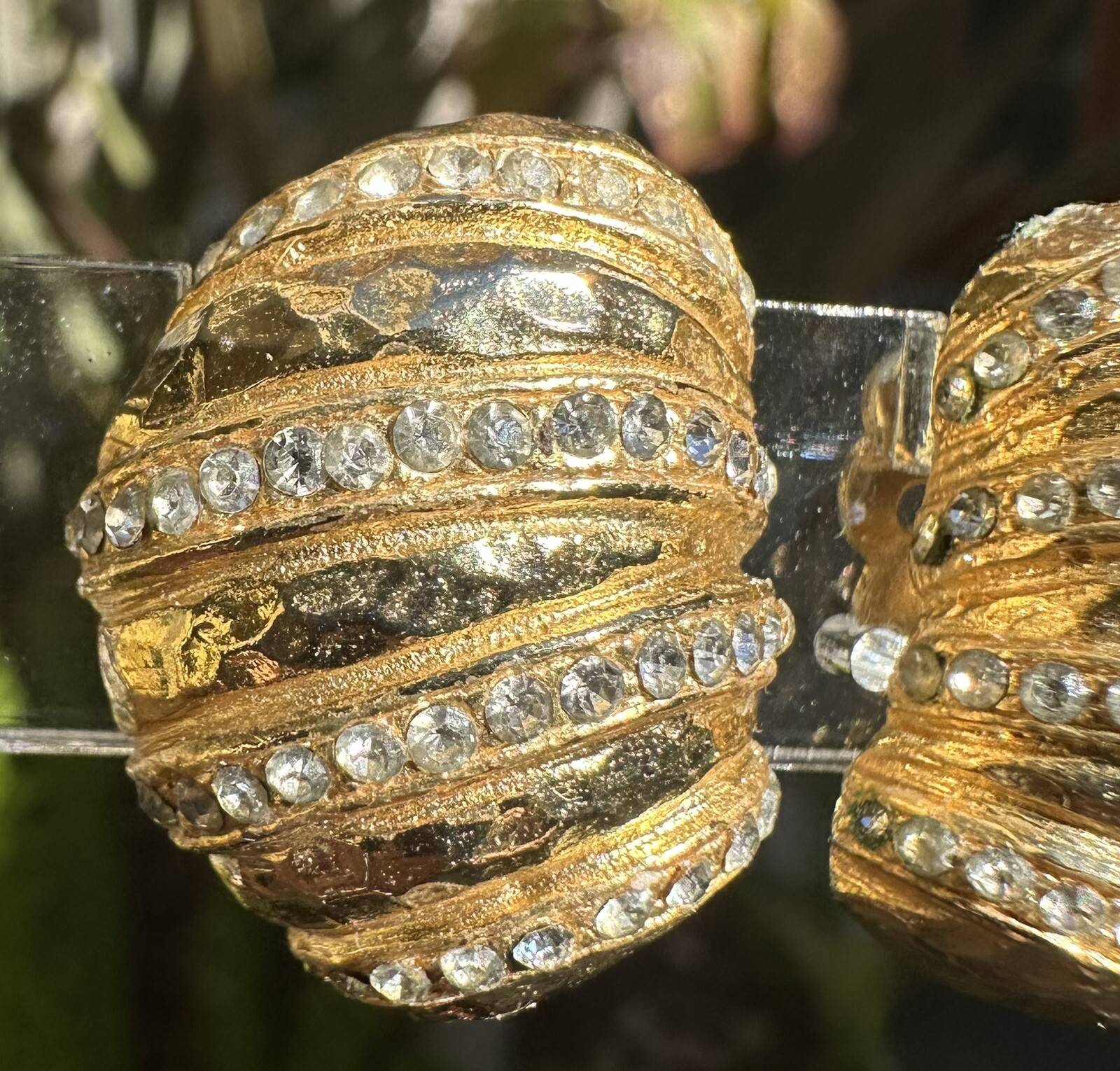 Vintage Signed Gay Boyer Goldtone Ribbed Rhinestone Clip On Earrings