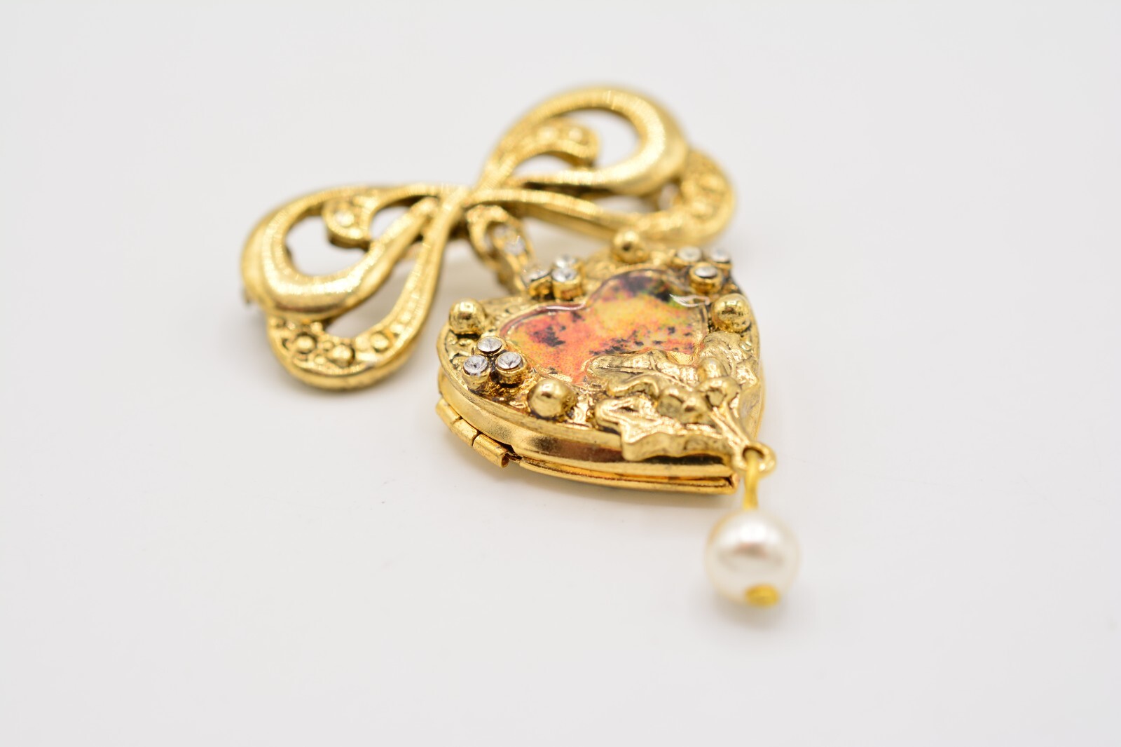 Vintage Heart Locket Pin Brooch Dangle Bow Enamel Cherub Angel Gold 1980s BinA12