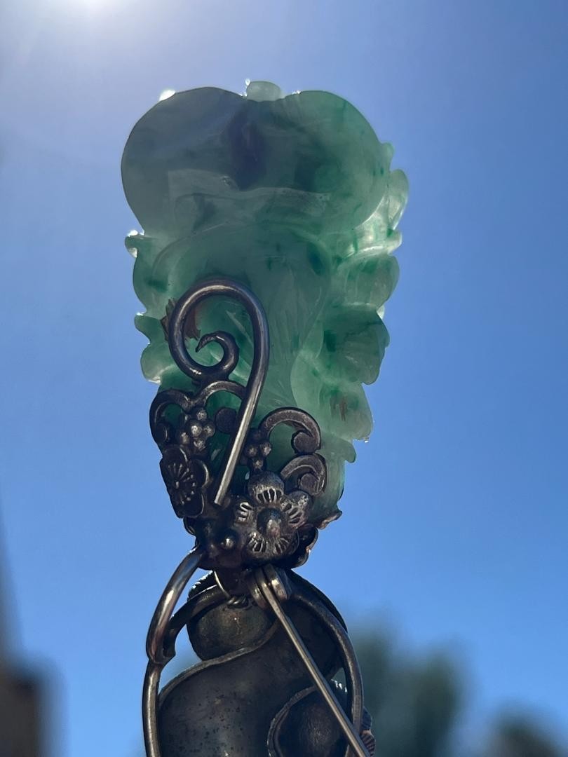 Estate Vtg Chinese Export Carved Green Jadeite Jade 925 Sterling Silver Brooch