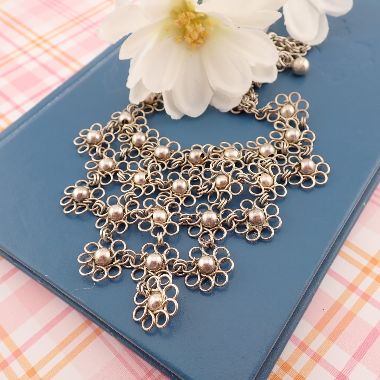 VTG Ilaria Peruvian Sterling Silver Daisy Flower Triangle Bib 18″ Necklace 33.3g