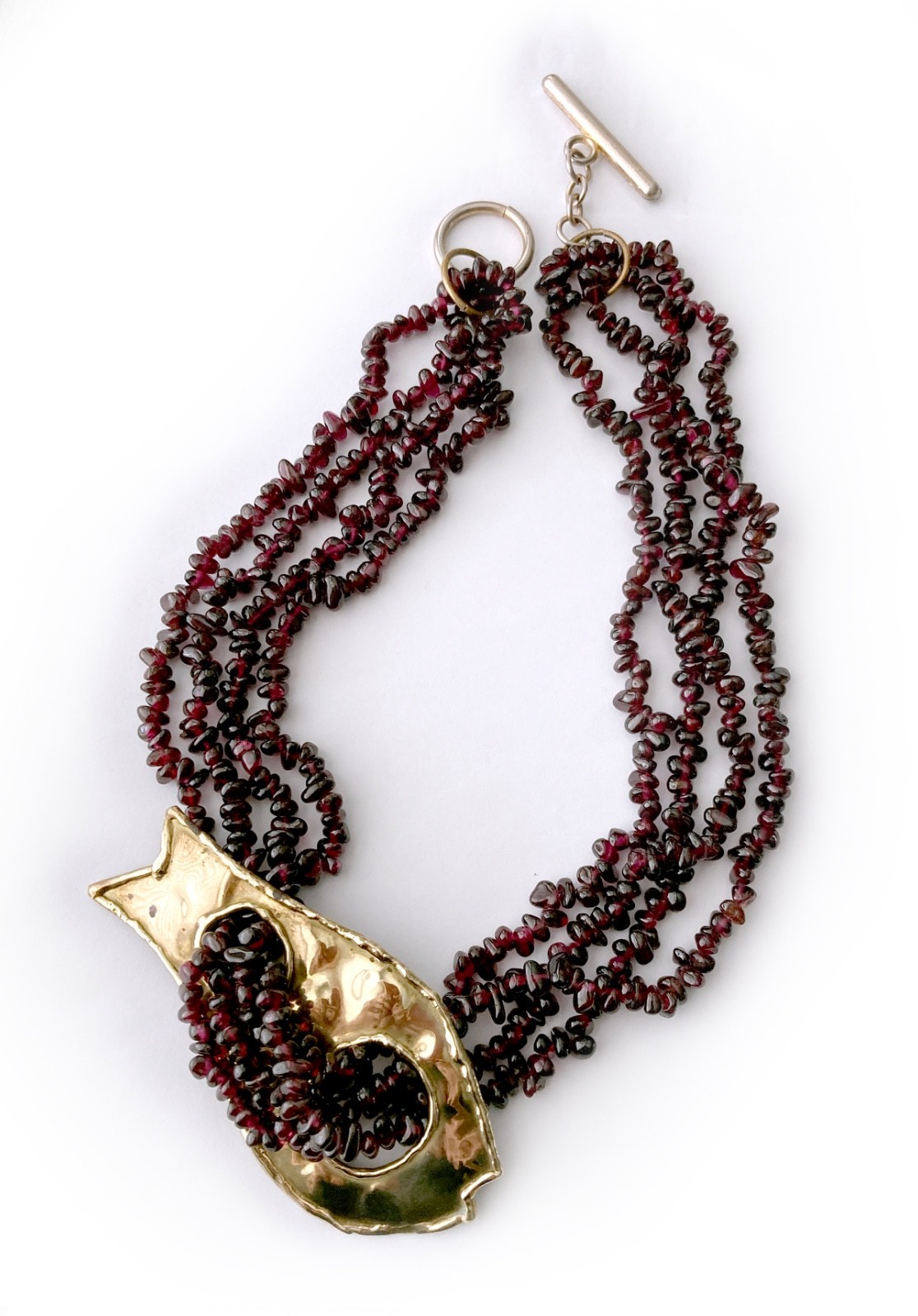 One-of-a-kind Natural Garnet Bead Necklace with Hammered Brass Fish Accent